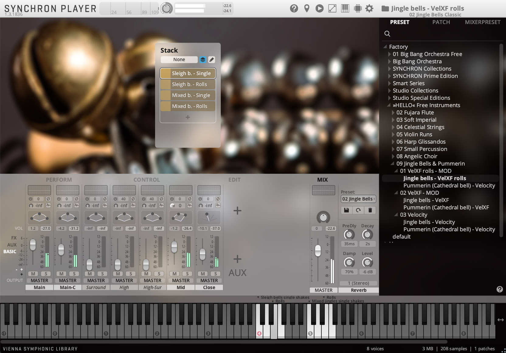 Screenshot of the Vienna Symphonic Library Synchron Player software interface, featuring controls for musical instrument sounds, with Jingle bells - VelXF rolls highlighted in the preset browser and an option for Sleigh b. - Rolls selected in the Stack menu.