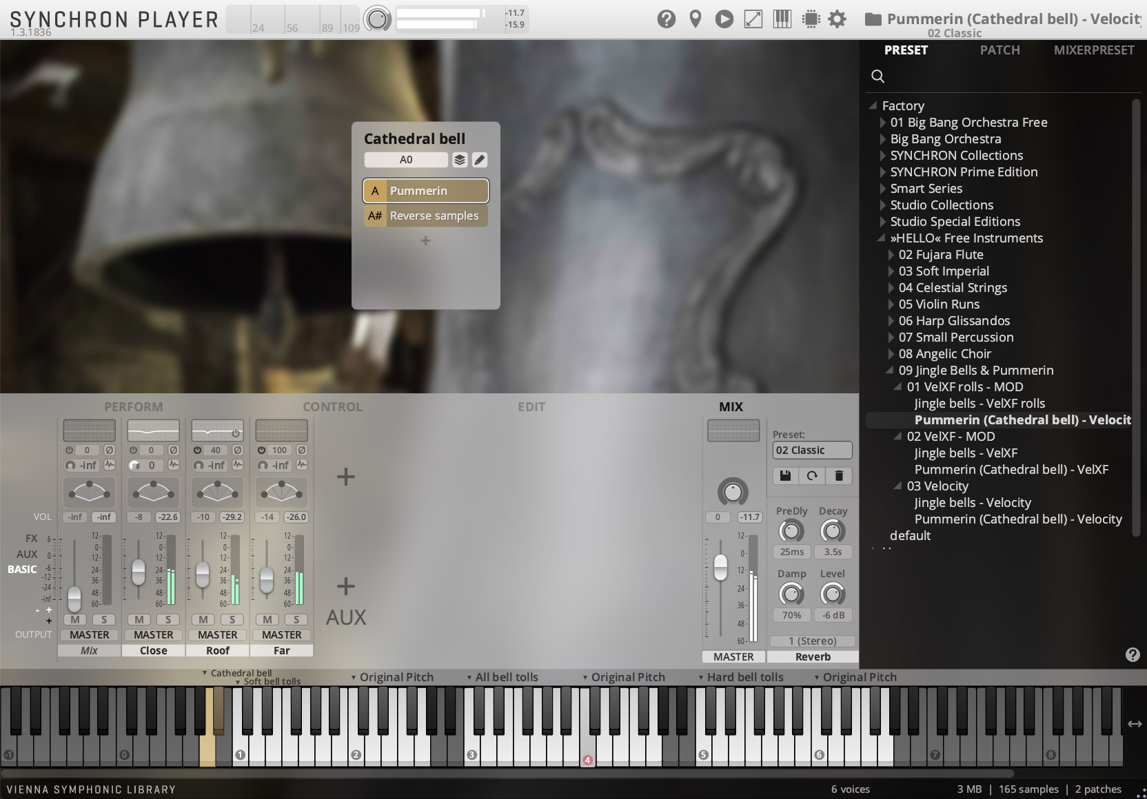 Screenshot of the Synchron Player virtual instrument interface, displaying ''Pummerin (Cathedral bell) - Velocity'' selected in the preset browser, with a blurred background image of a large, ornate bell.