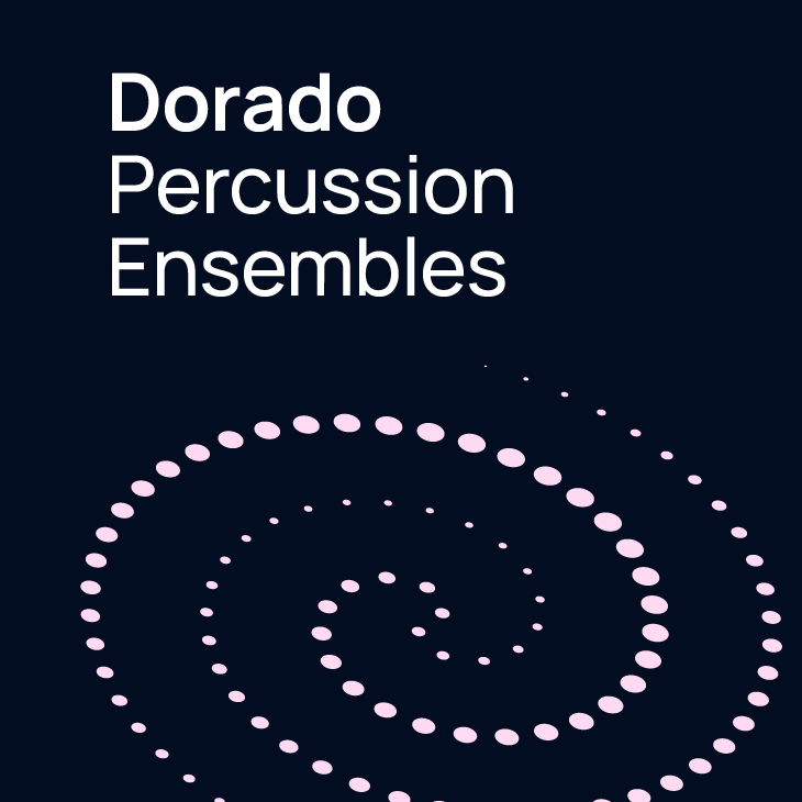 Dorado Percussion Ensembles logo on a dark blue background with pink dots forming a spiral.