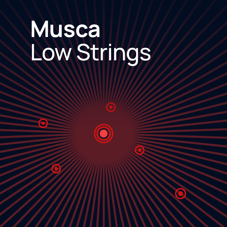 Musca Low Strings text on a dark blue background with radiating red lines and concentric red circles