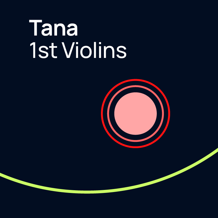 Tana 1st Violins musical group logo with a pink circle target and a green wavy line on a dark blue background.