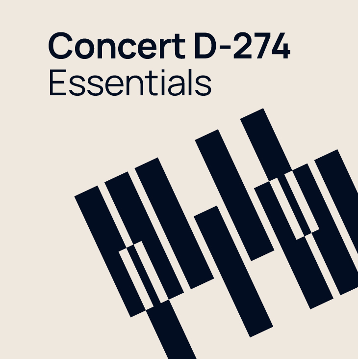 Concert D-274 Essentials album cover featuring stylized black piano keys on a beige background