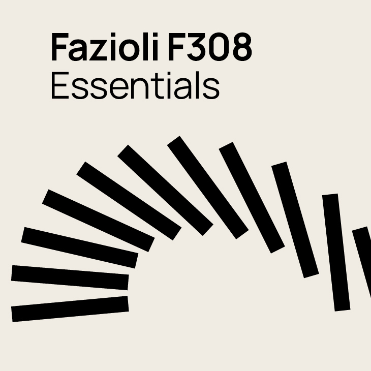 Fazioli F308 Essentials album cover with black text on cream background and abstract black rectangular shapes forming a curve.