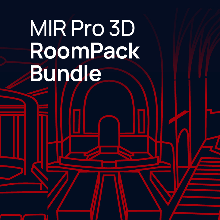 MIR Pro 3D RoomPack Bundle logo featuring white text on a dark background with abstract red line art depicting architectural room elements.