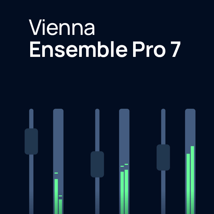 Vienna Ensemble Pro 7 software interface featuring faders and level meters with green audio signals on a dark background