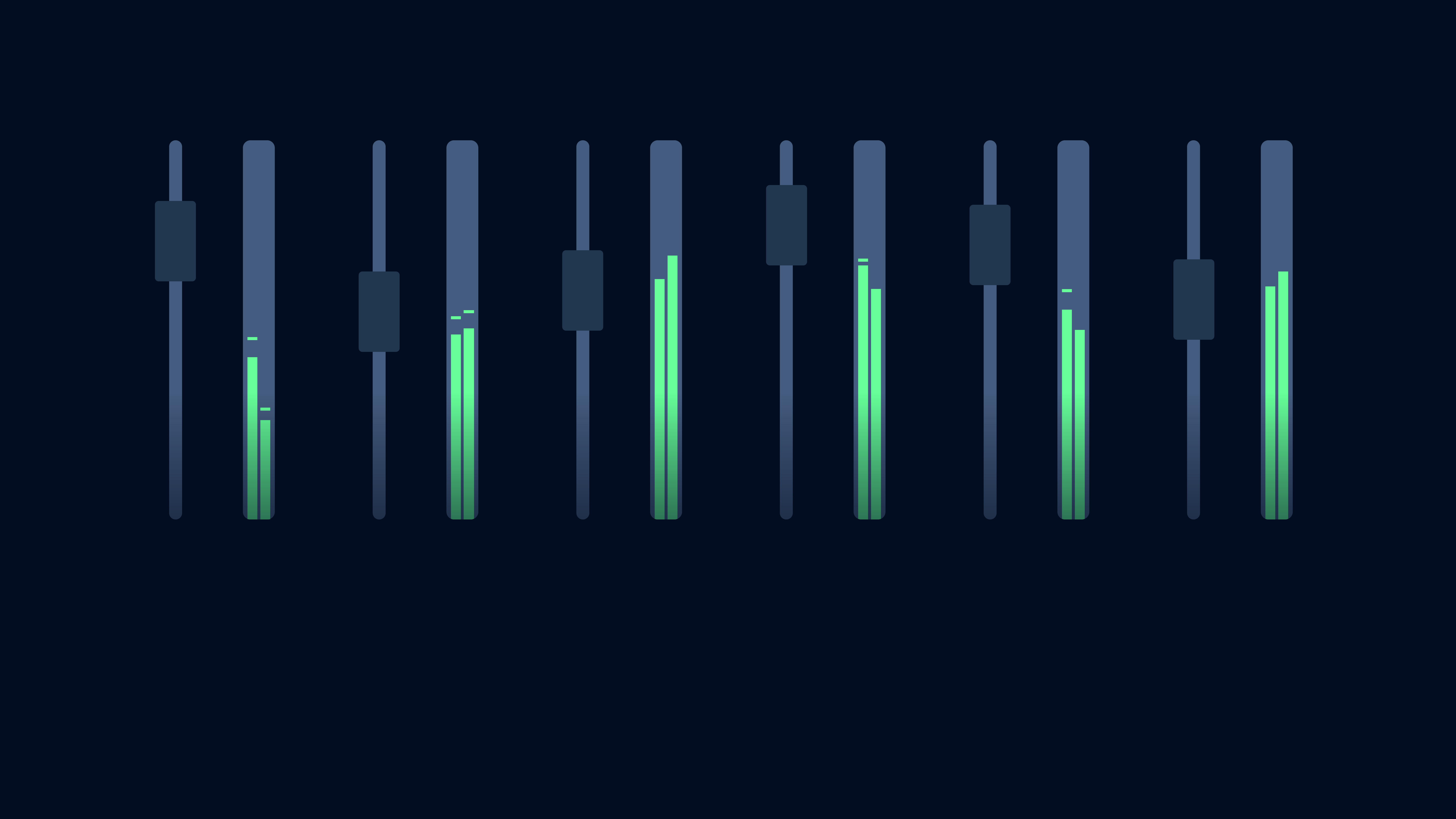 Vienna Ensemble Pro 7 audio mixer interface with blue faders and green channel levels representing sound processing within the software.