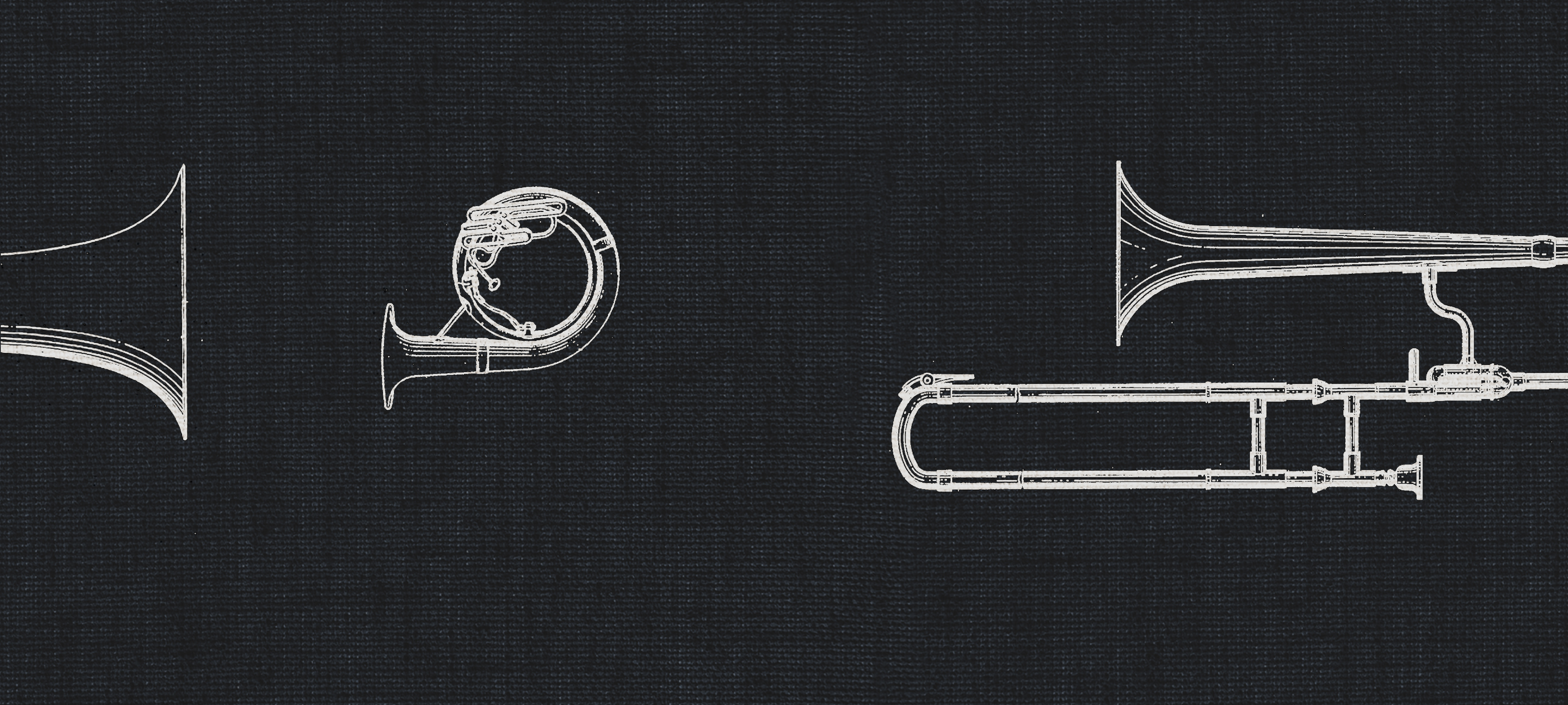 Line art illustration of a French horn, sousaphone, and trombone on a black textured background representing dry recording studio brass.
