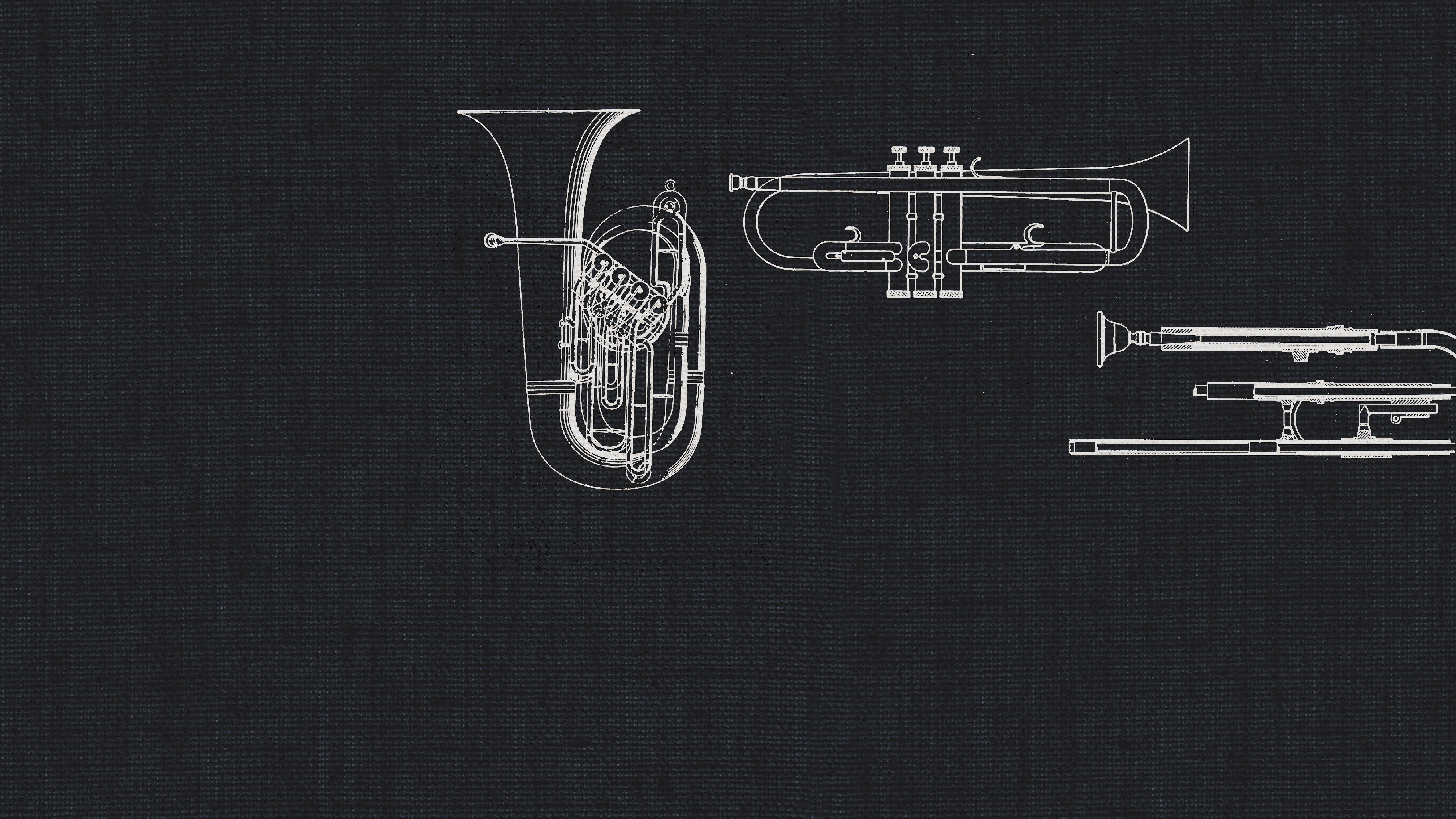 White line-art illustrations of a tuba, trumpet, and trombone against a black textured background representing dry recording studio dimension brass.