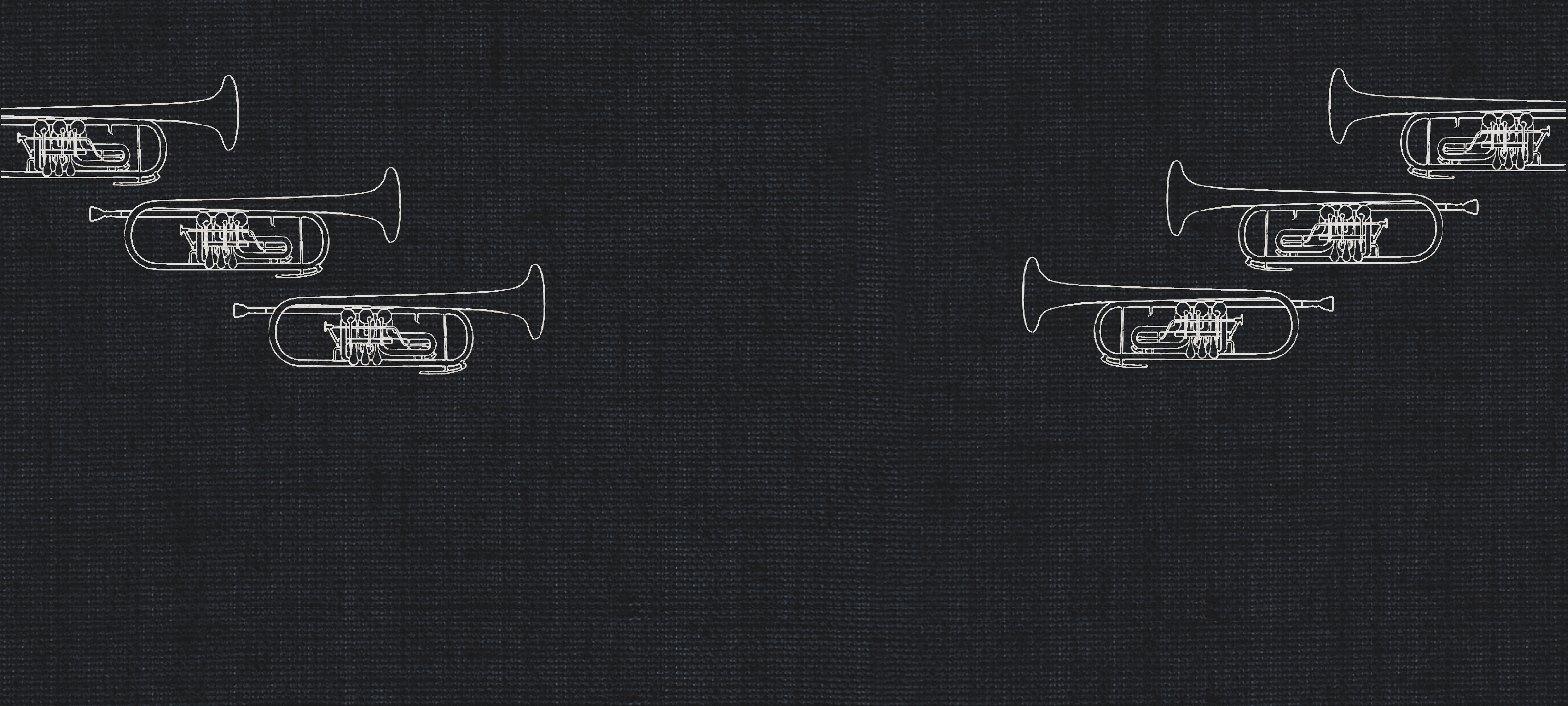 White line art illustrations of three trumpets on the left and three on the right against a dark textured background, suggesting a musical theme for dry recording studio fanfare trumpets.