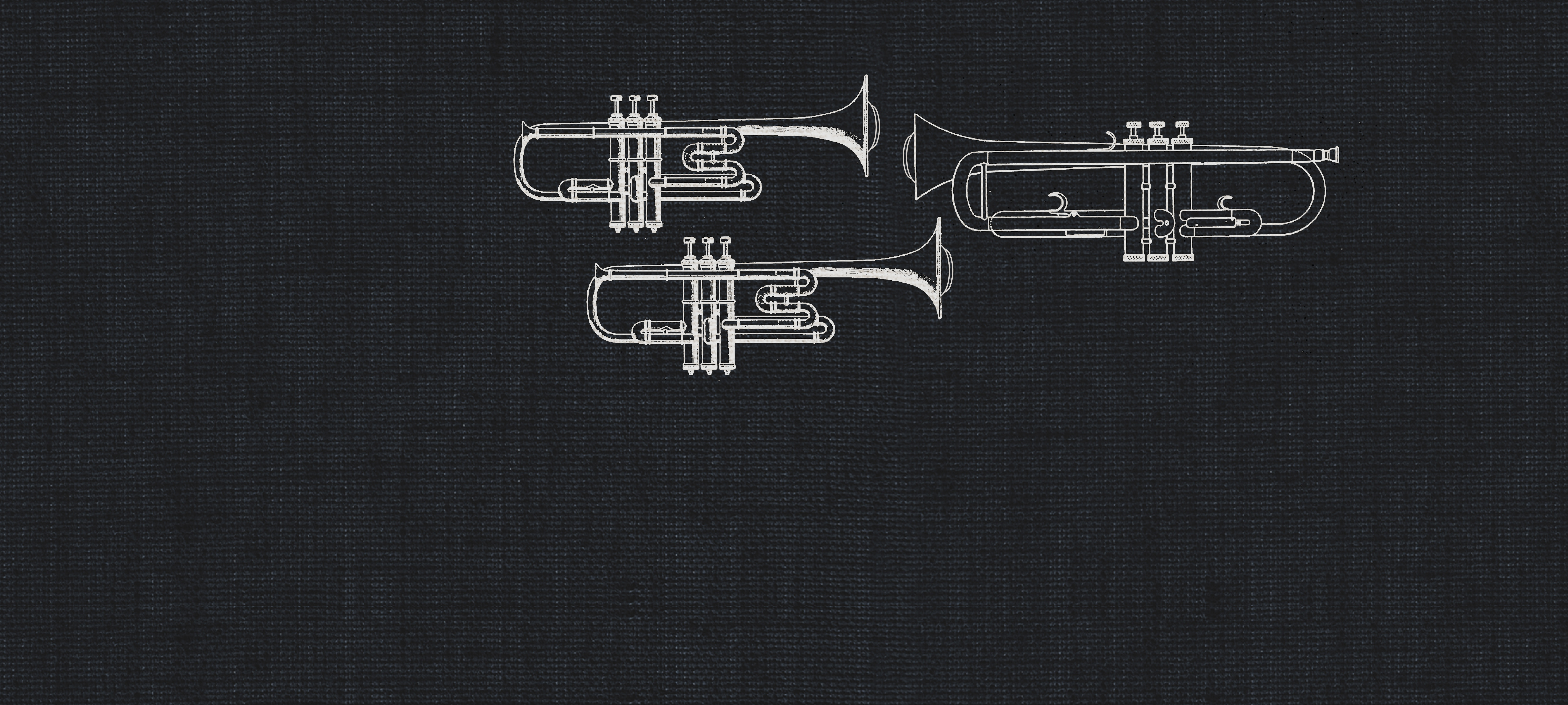 Line art illustration of a muted trumpet ensemble against a dark, textured background, representing a dry recording studio sound.