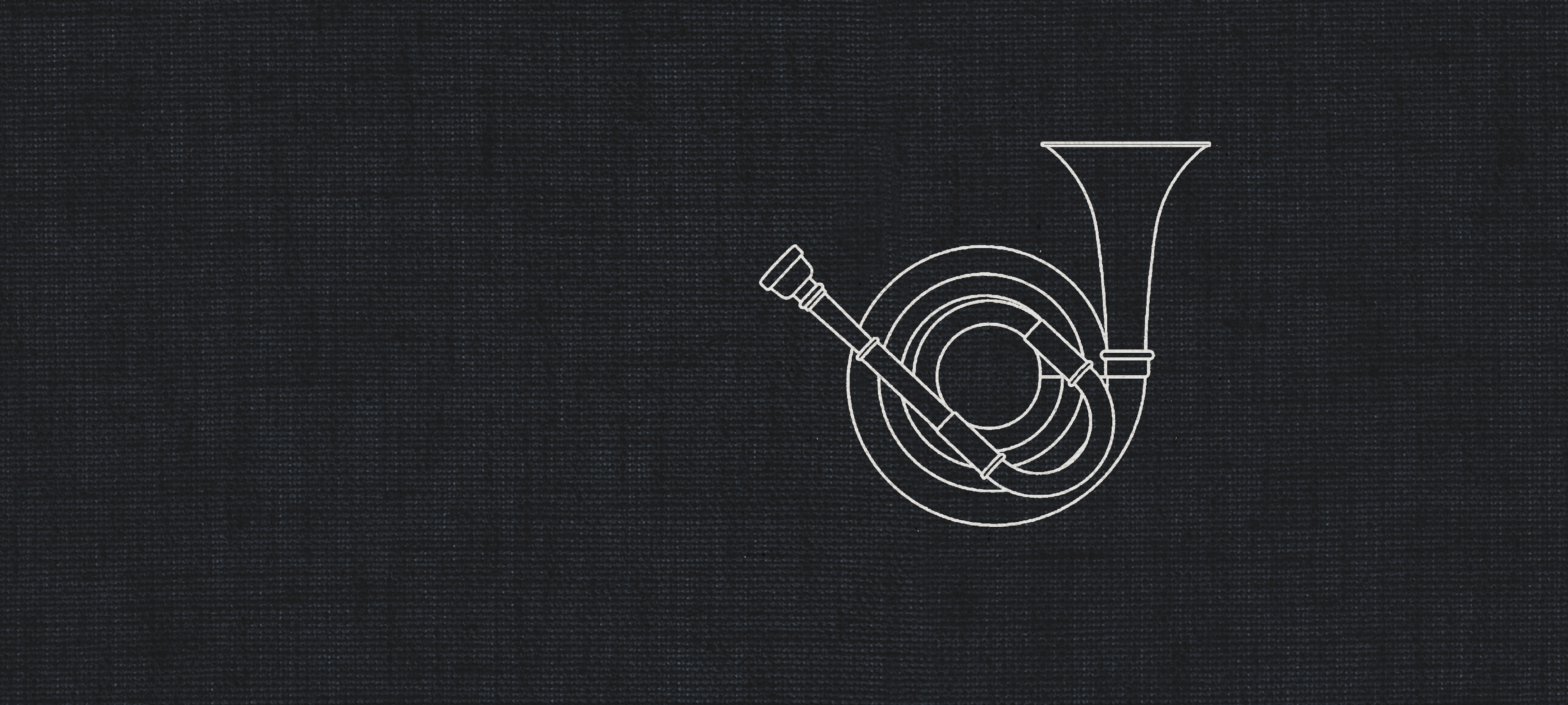 Outline drawing of a natural horn on a dark textured background, representing a dry recording studio for natural horns.