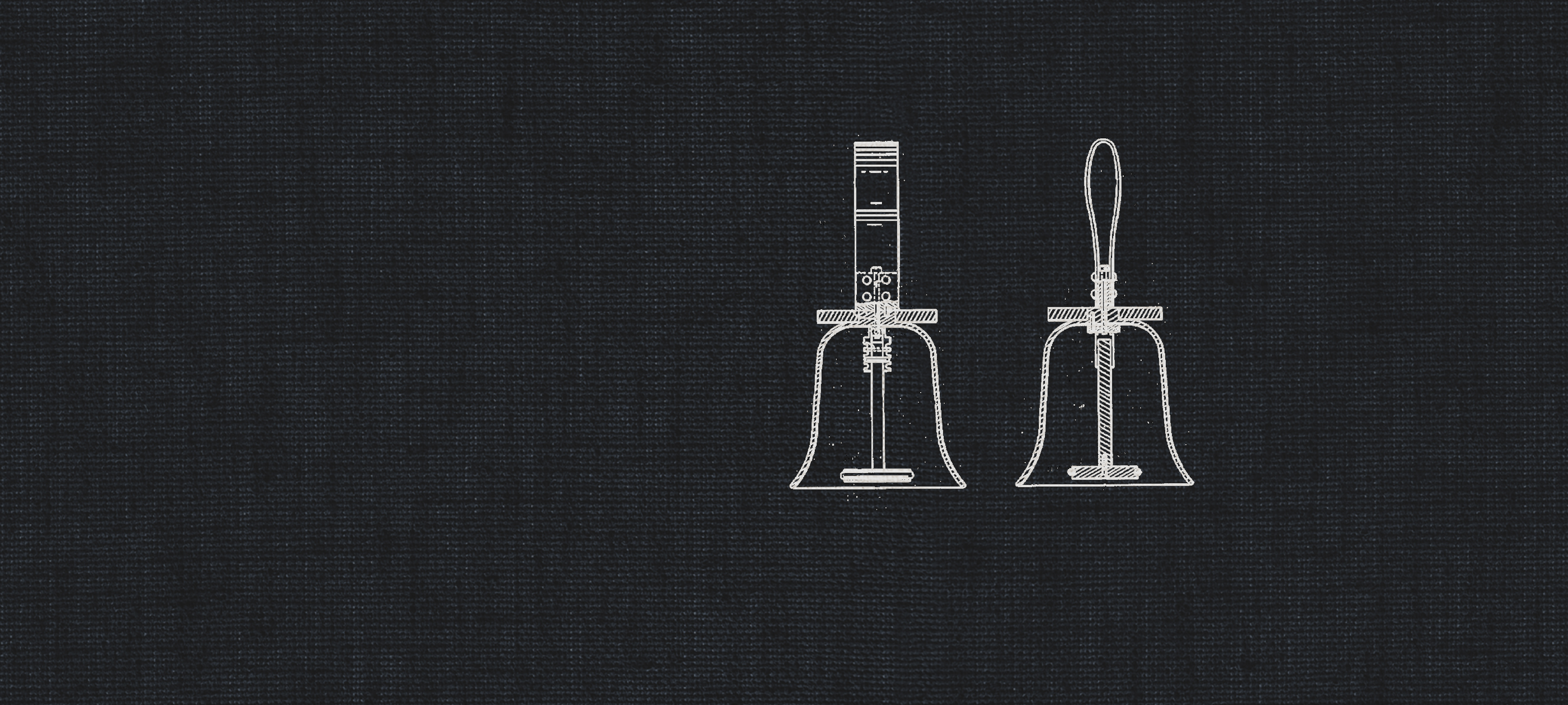 White line art drawing of two studio recording bells on a dark grey textured background, for dry recording.