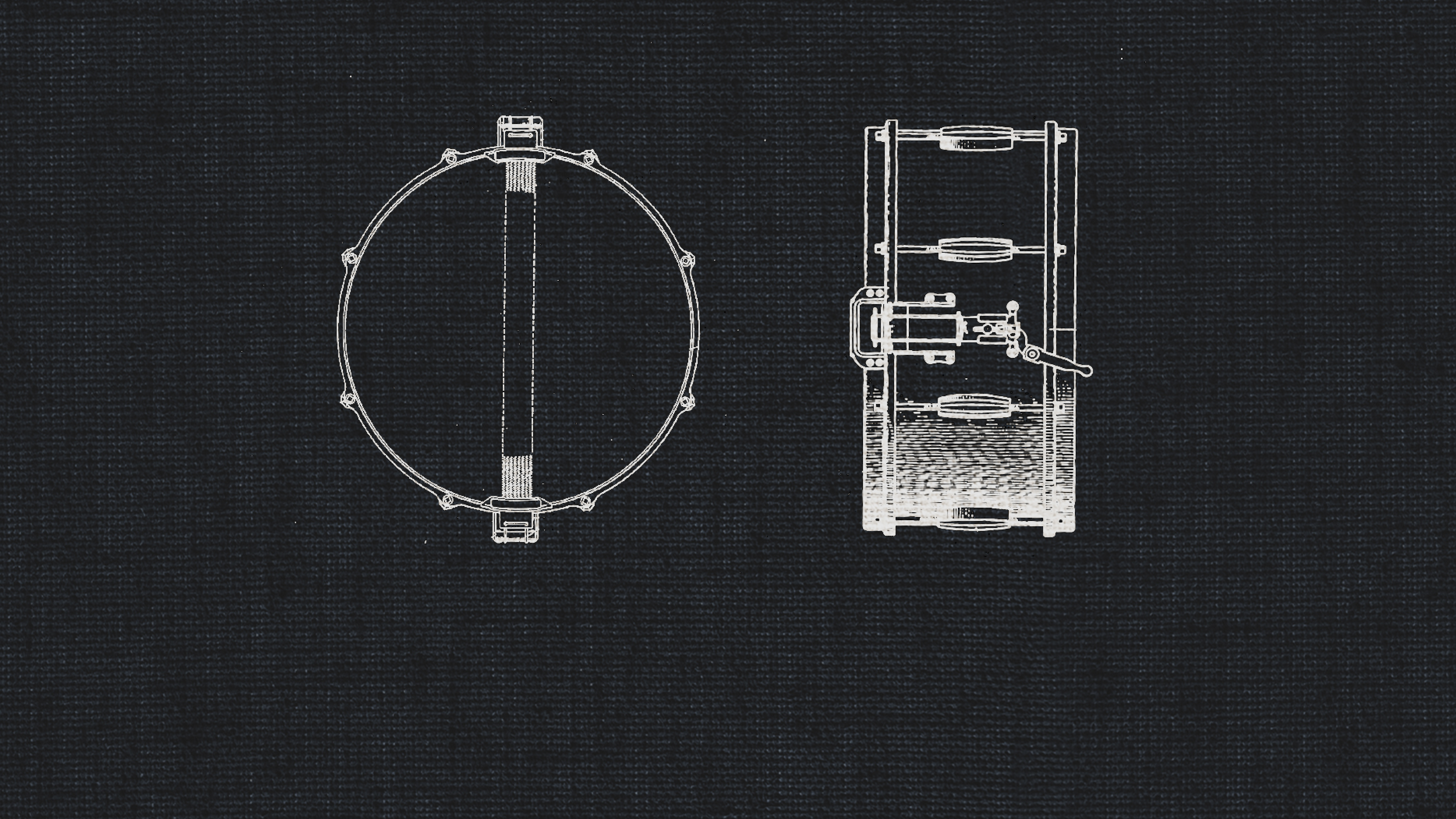 Technical drawings on a dark textile background, left drawing shows the top view of a snare drum with a vertically centered internal mechanism, right drawing shows the side view of a kick drum with rack-mounted microphones and a pedal mechanism at the bottom, suggesting dry recording studio drums.