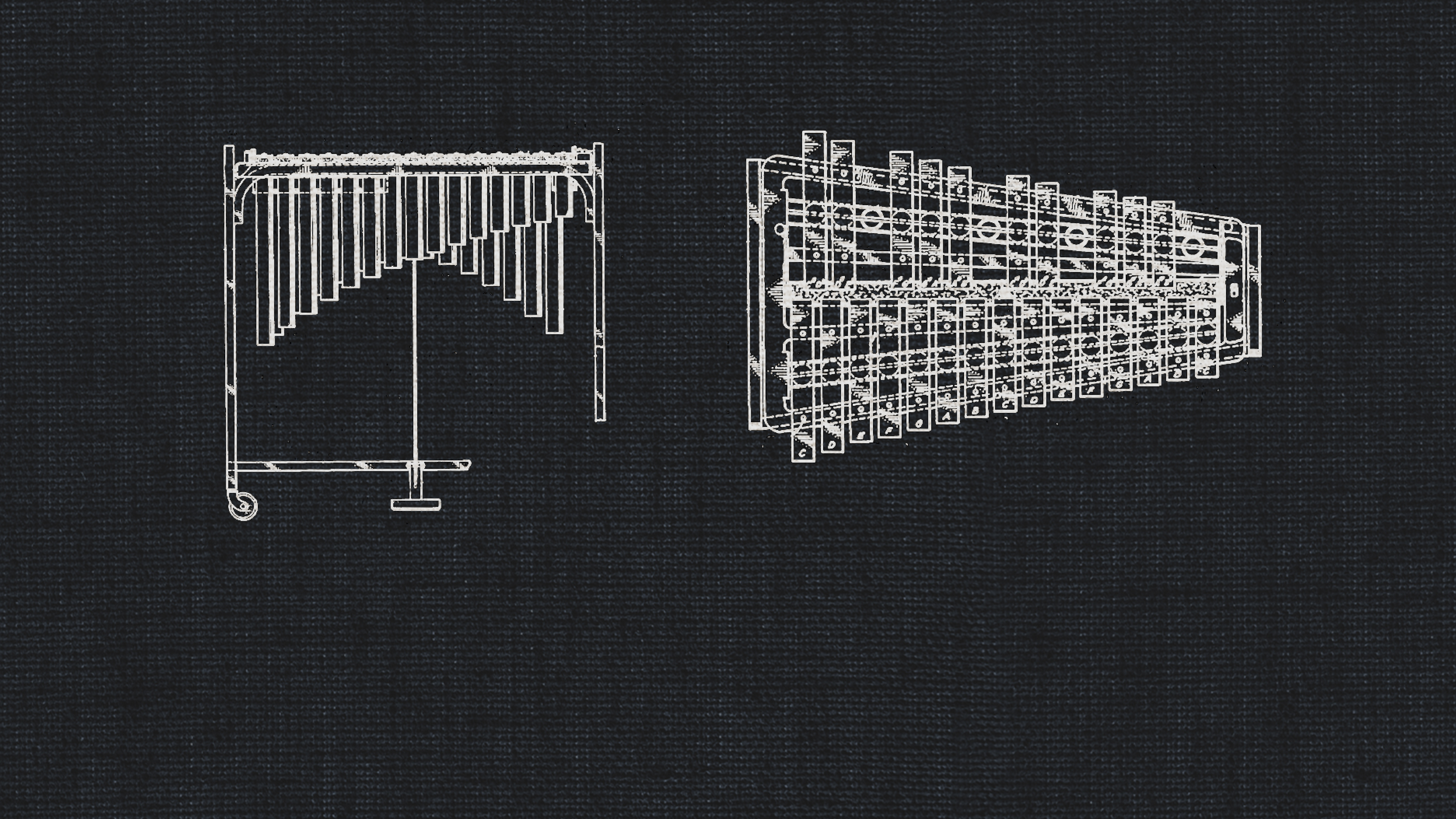 Line art illustration of two mallet instruments, a tubular bells (chimes) on the left and a vibraphone or marimba on the right, against a dark textured background.