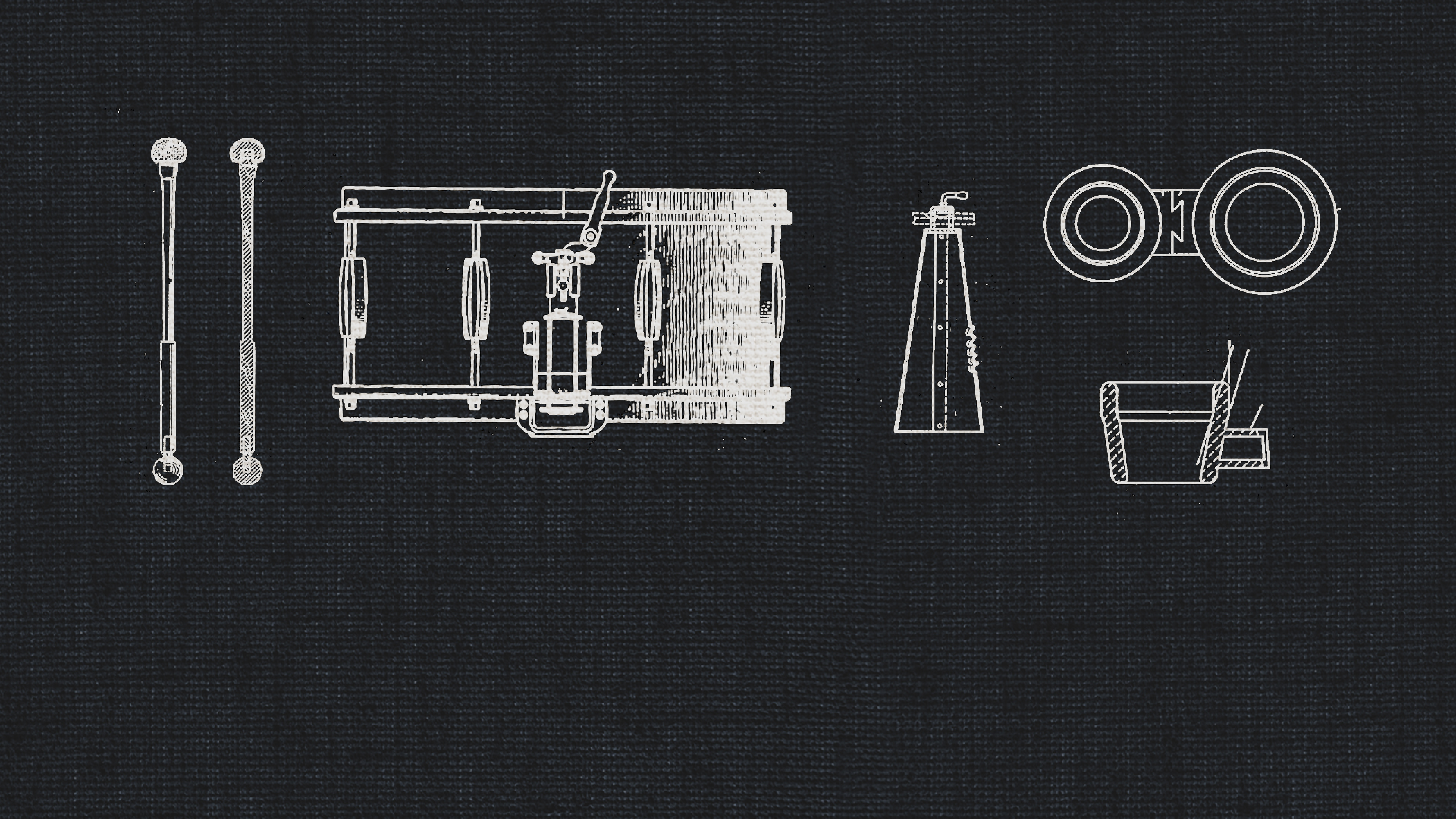 Outline drawings of various orchestral percussion instruments on a dark textured background, ideal for a dry recording studio setting.