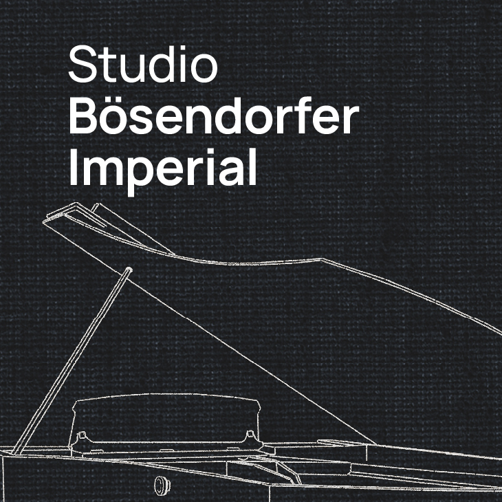 Digital illustration of a grand piano with the text Studio Bösendorfer Imperial overlaid in white on a textured black background.