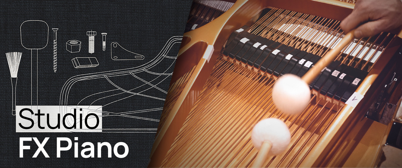 Studio FX Piano: Split image with line art of piano components and text Studio FX Piano on the left, and a close-up of piano hammers and strings with mallets striking them on the right.