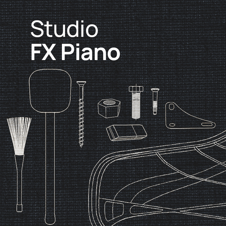 Studio FX Piano title with outlines of various tools and hardware like a drum brush, mallet, screw, nut, bolt, eraser, and bracket on a dark textured background.