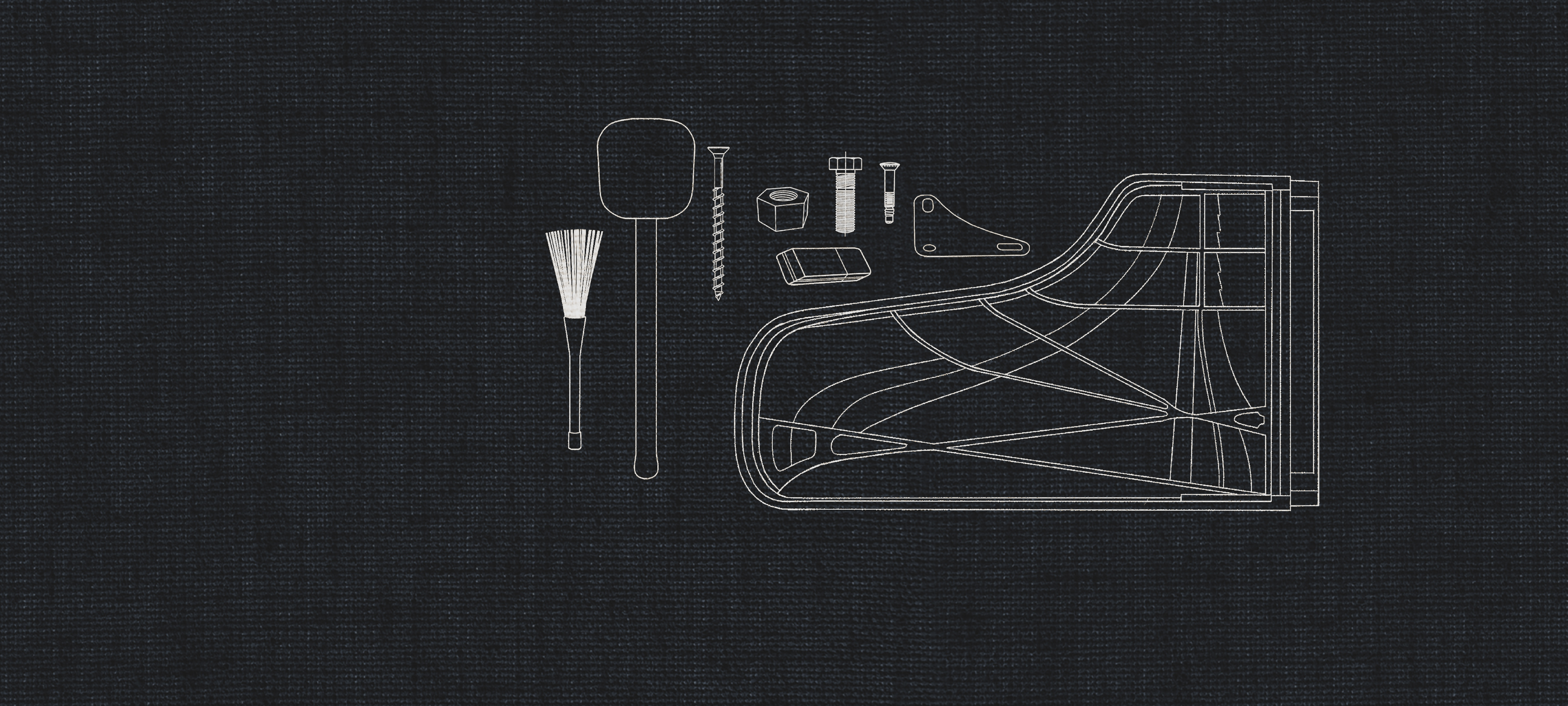 Detailed technical drawing of disassembled piano parts and accessories on a dark textured background, ideal for dry recording studio FX piano products.