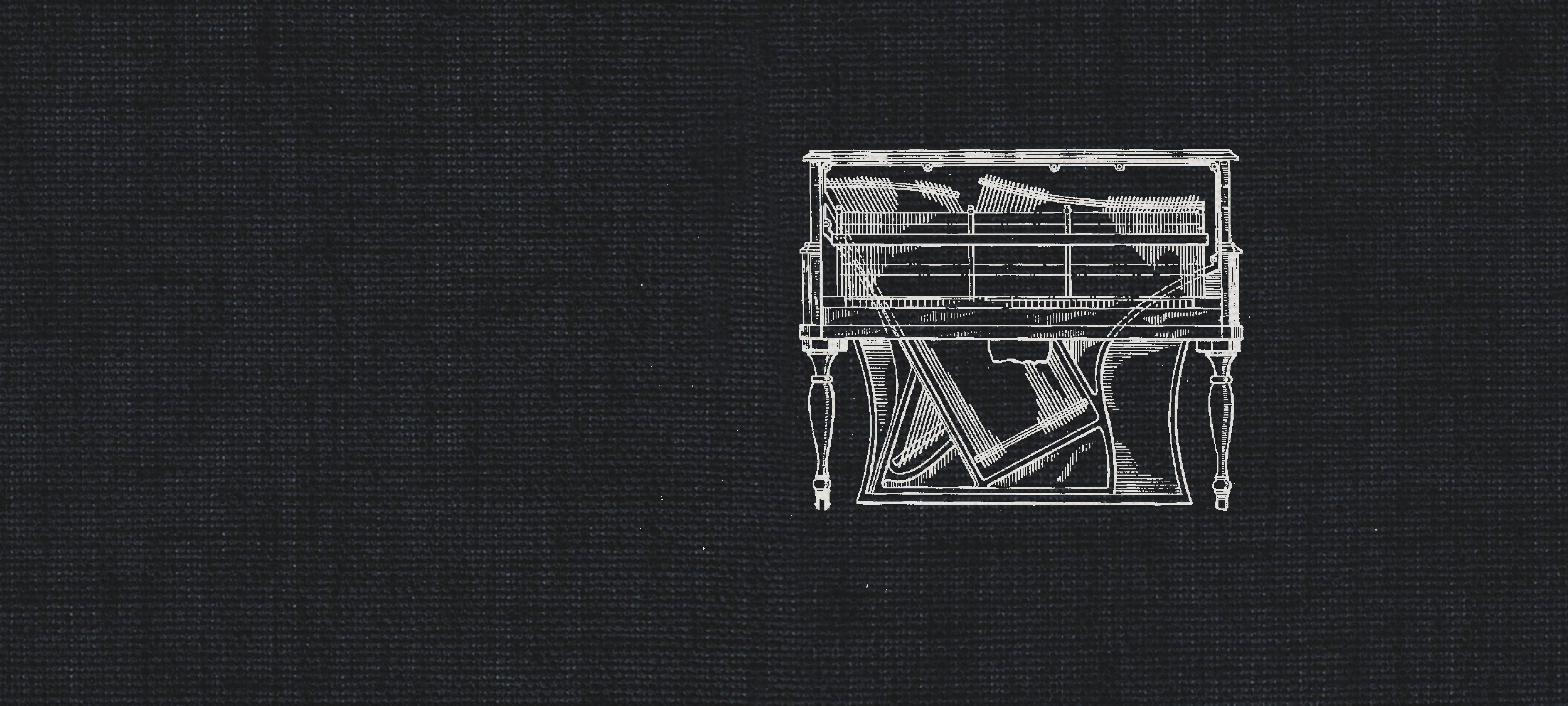 Line drawing of a Dry German Upright 1904 recording studio piano, viewed from above, on a dark textured background.