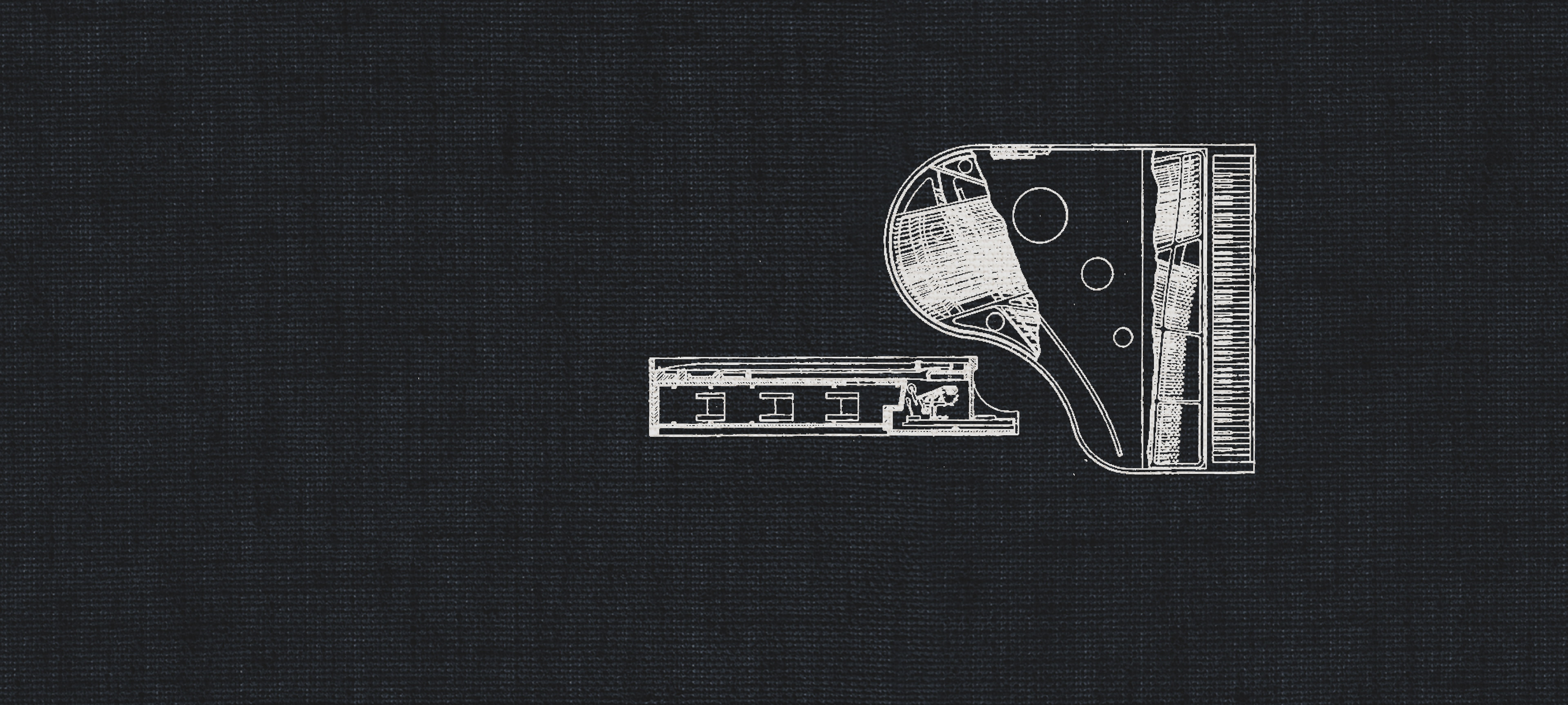 Blueprint-style drawing of a grand piano and piano pedal box on a dark textured background, representing a dry recording studio pianos bundle.