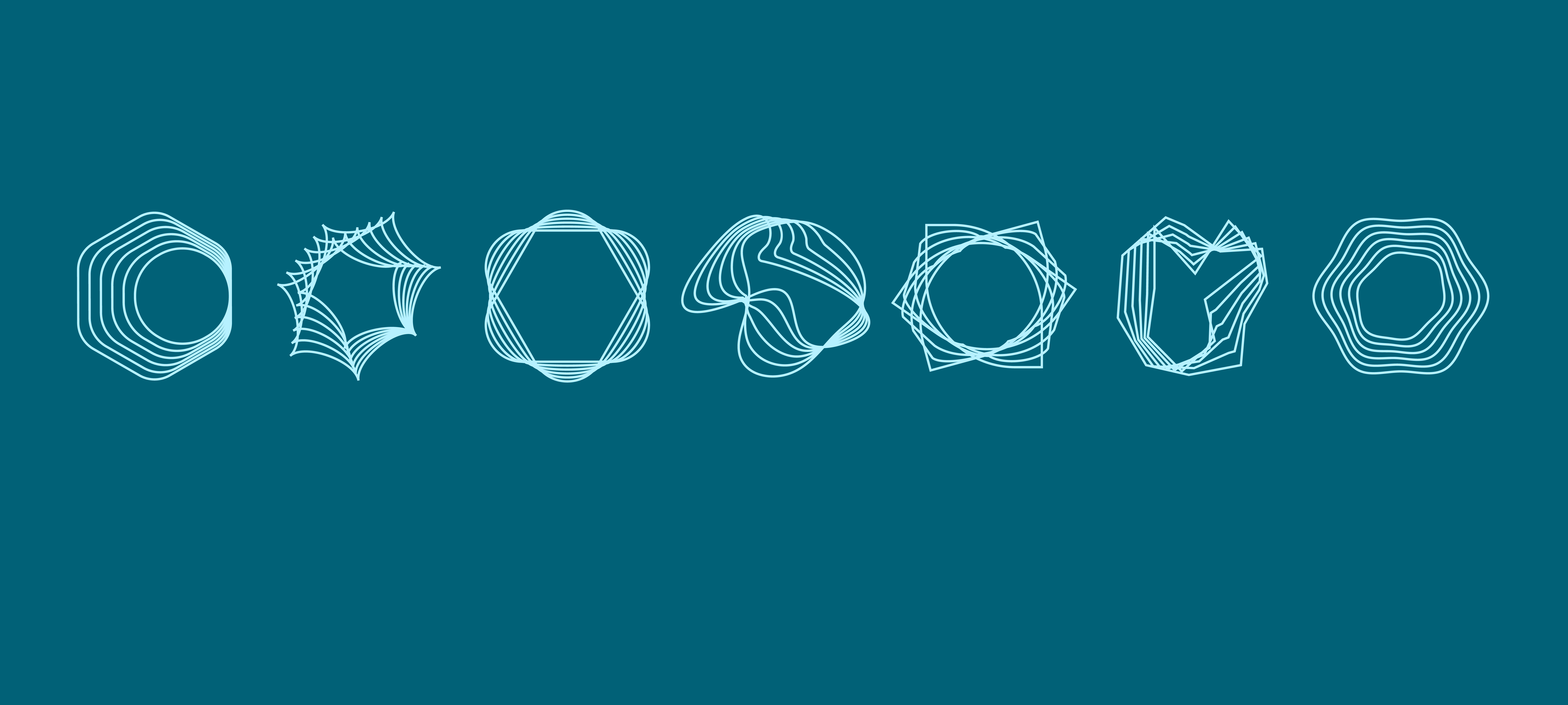 Minimalist graphic showing seven light blue abstract shapes and patterns on a dark teal background, symbolizing audio waves or sound design for a Dry Recording Studio Special Edition Bundle.