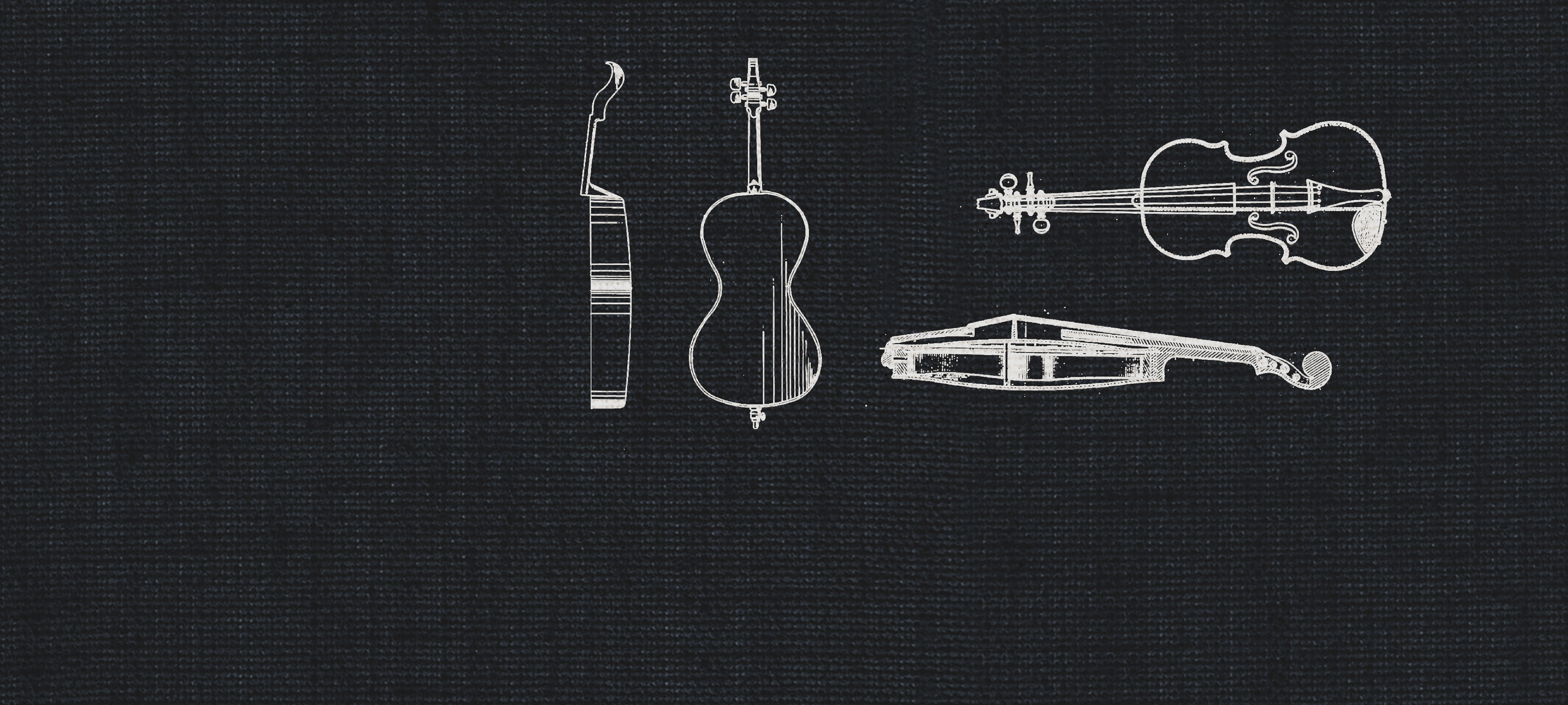 White outline drawings of various string instruments against a black textured background representing dry recording studio acoustics for Dimension Strings.