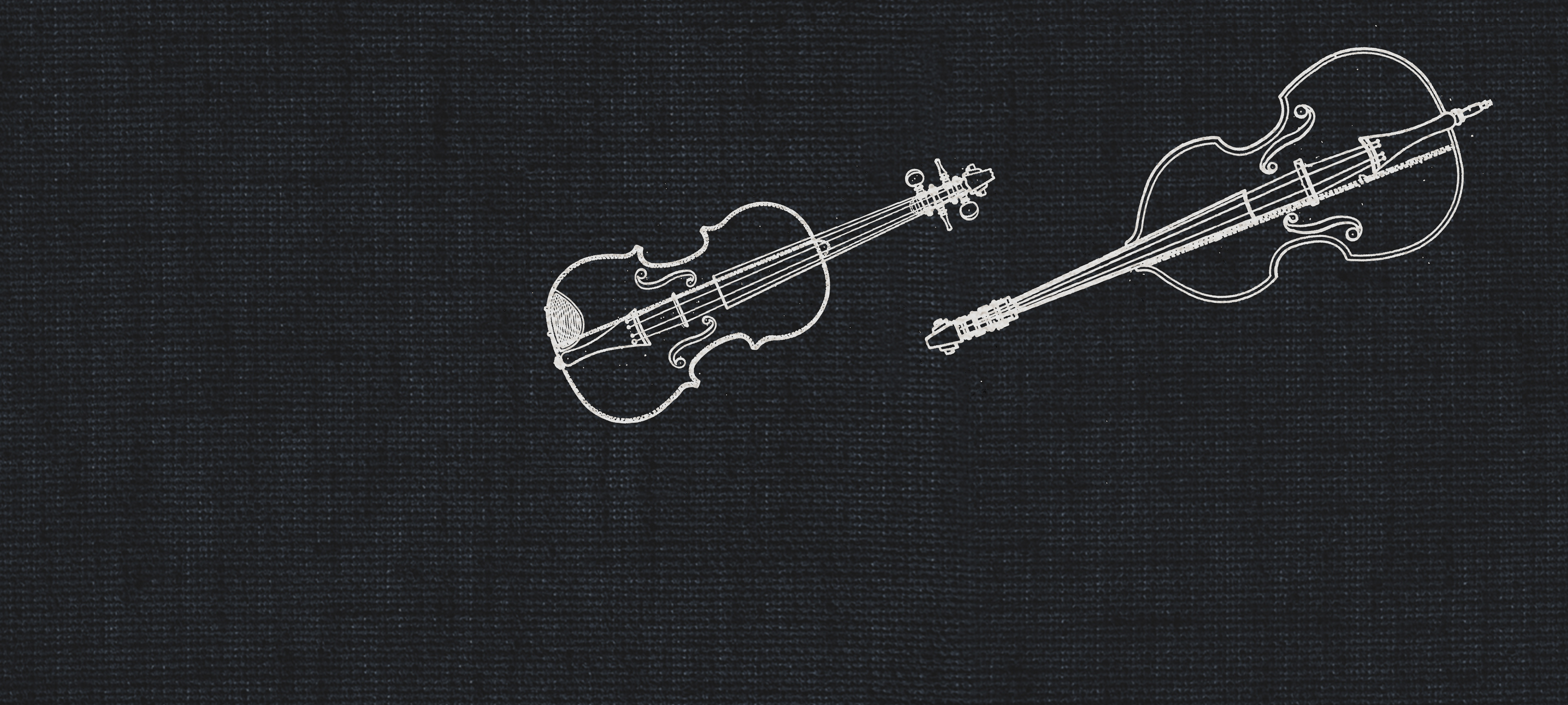 Line art illustration of a violin and a double bass on a dark textured background, representing solo string instruments for dry recording studio sound libraries.
