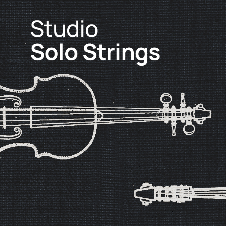 Studio Solo Strings title on a dark background with white vector outlines of a violin and an inverted cello or bass neck.