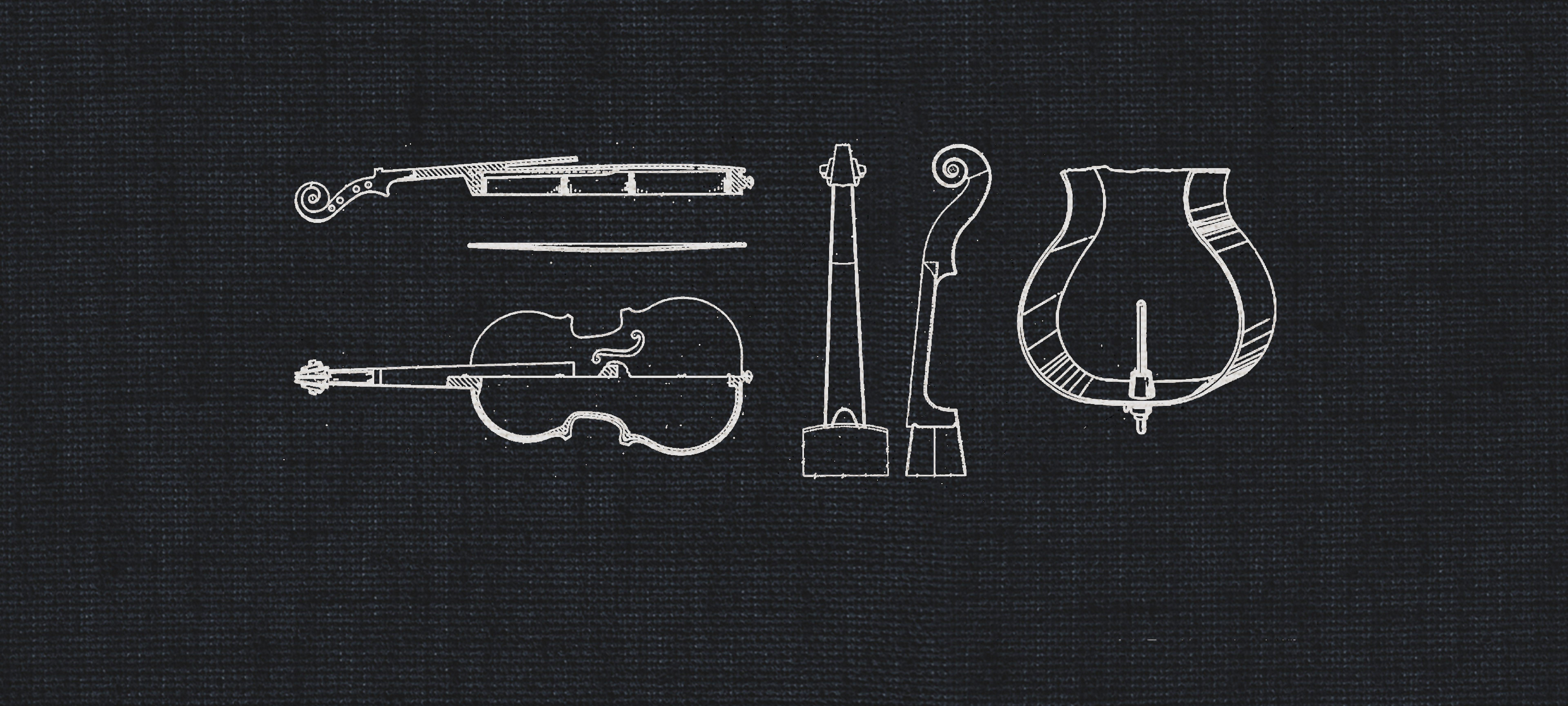 White line art drawing of string instruments on a dark gray canvas background, depicting parts of a violin, cello, and double bass for a dry recording studio dimension strings bundle.