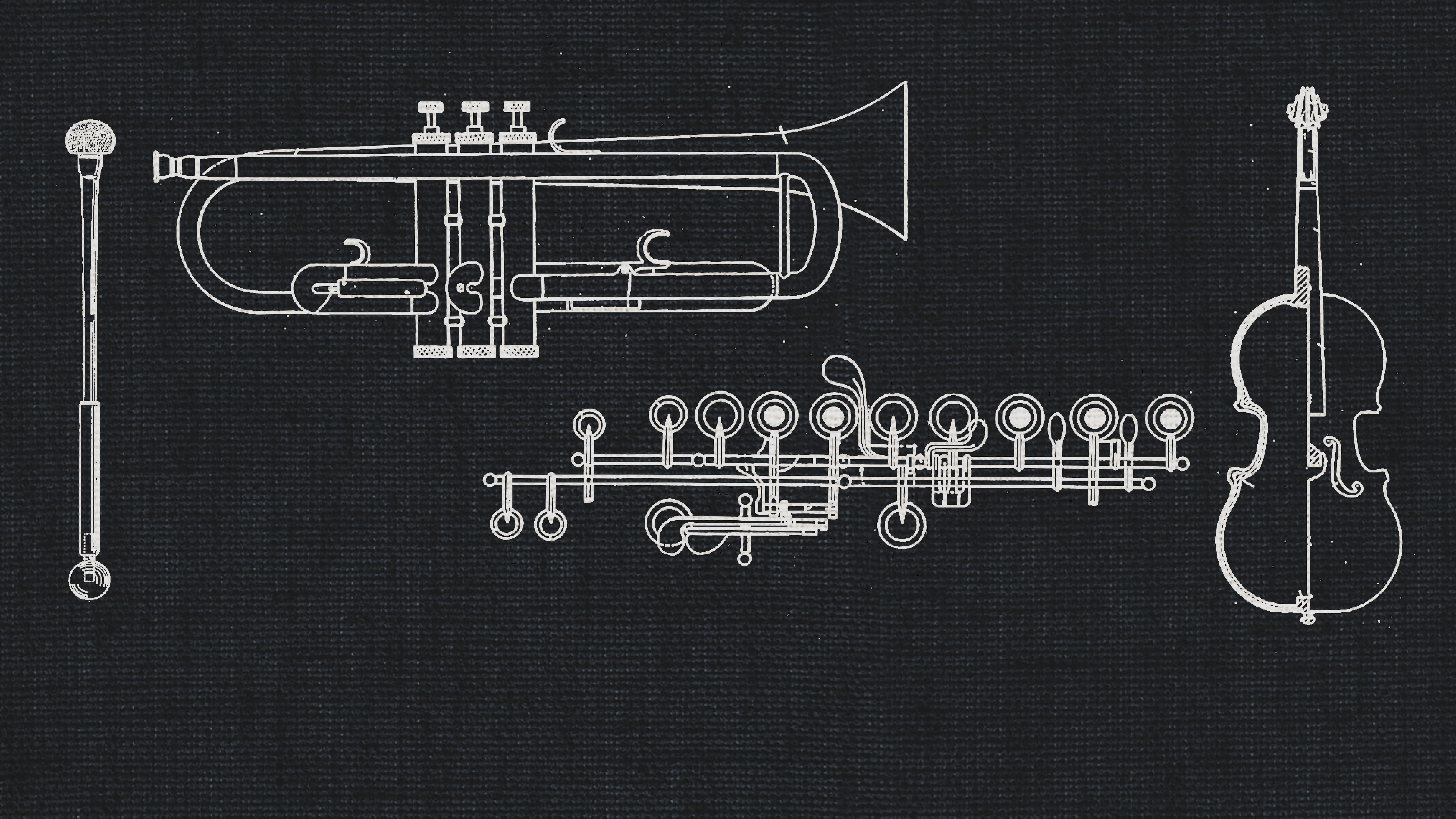 Musical instrument blueprint illustration featuring a glockenspiel mallet, trumpet, flute, and violin, representing a comprehensive studio series package for music production.