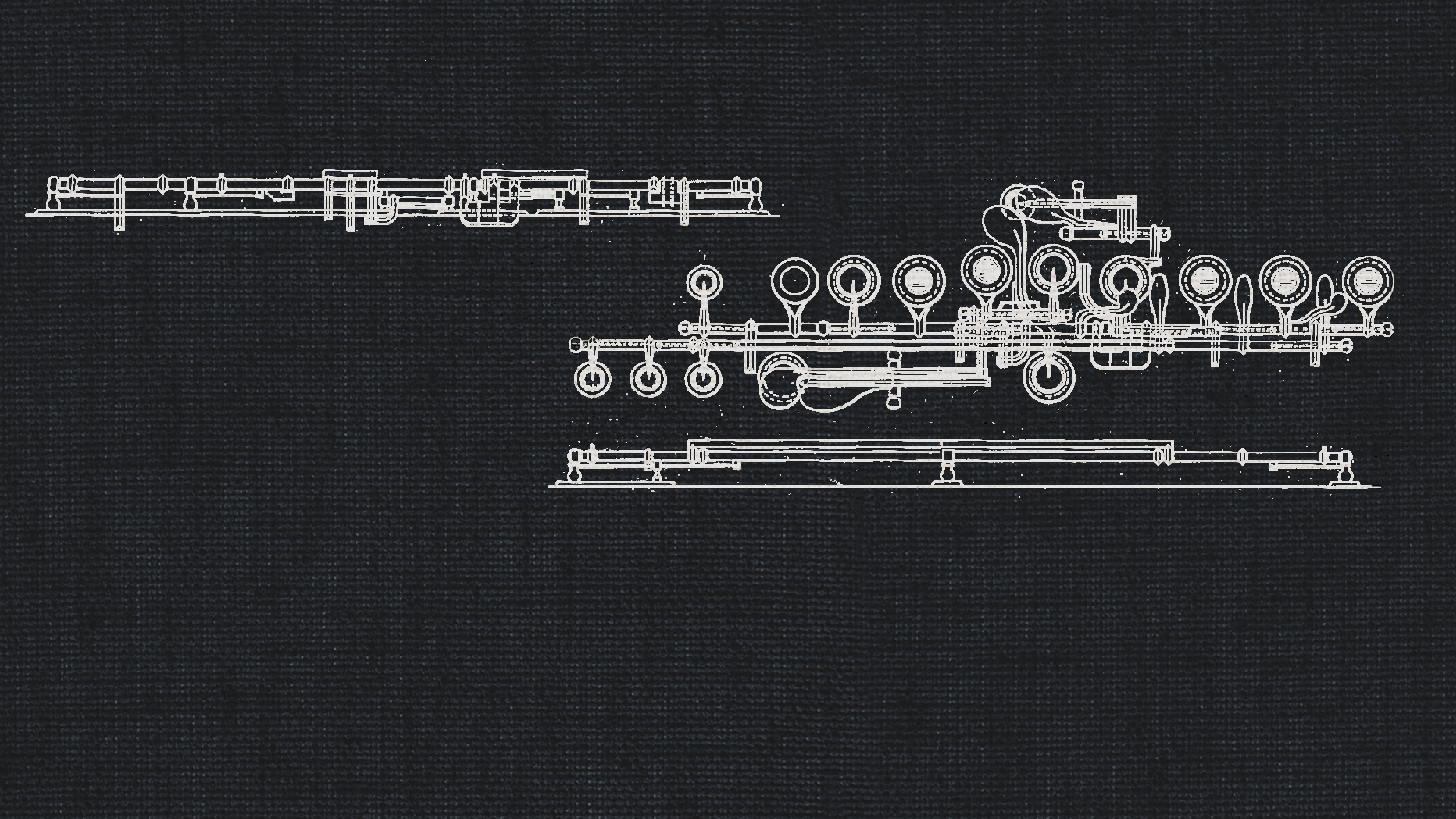 White blueprint outline of an alto flute on a dark gray textured background, representing a dry recording studio instrument.