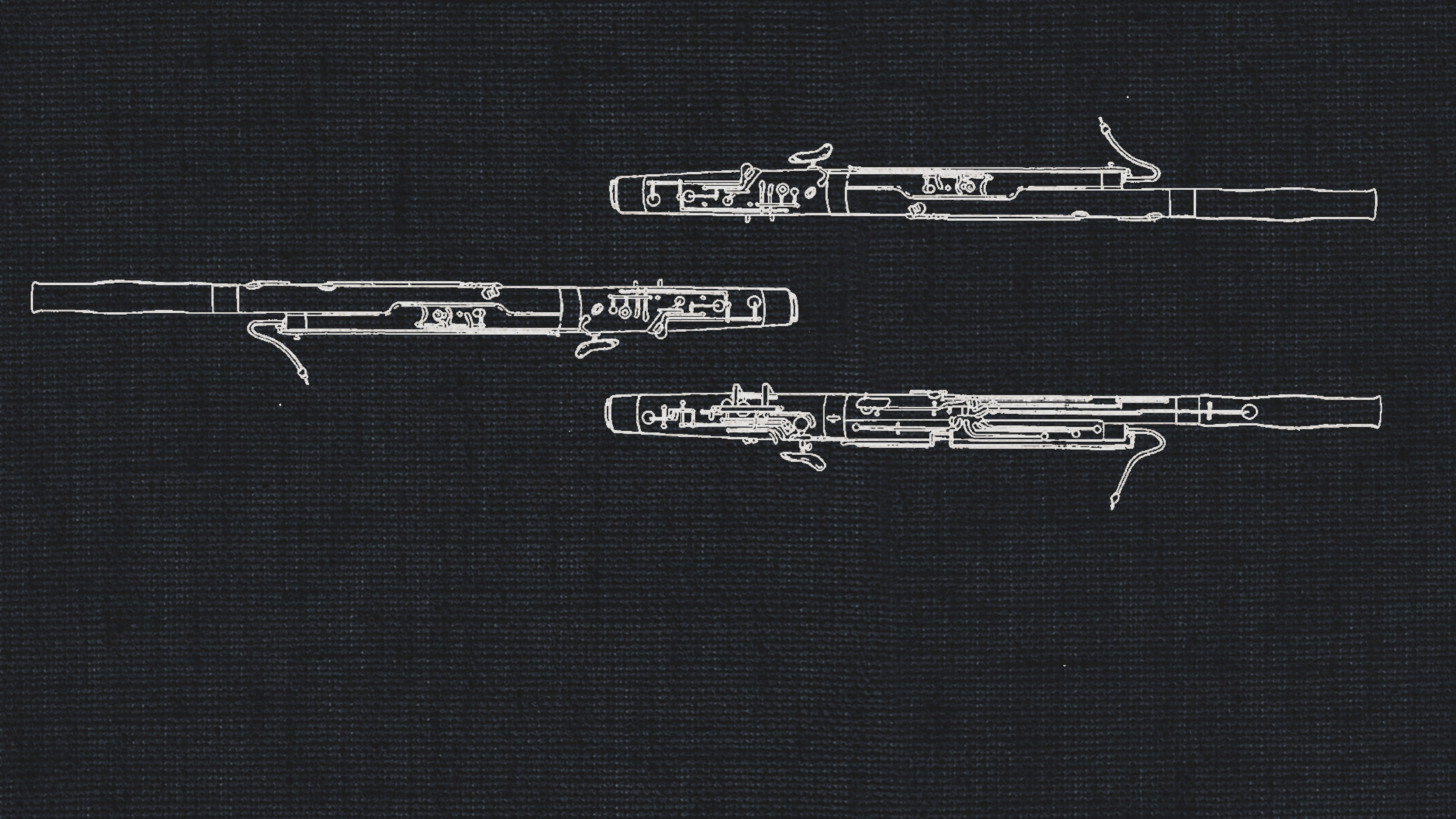 Line art illustration of four bassoon parts arranged horizontally on a dark textured background, ideal for a dry recording studio bassoon ensemble.
