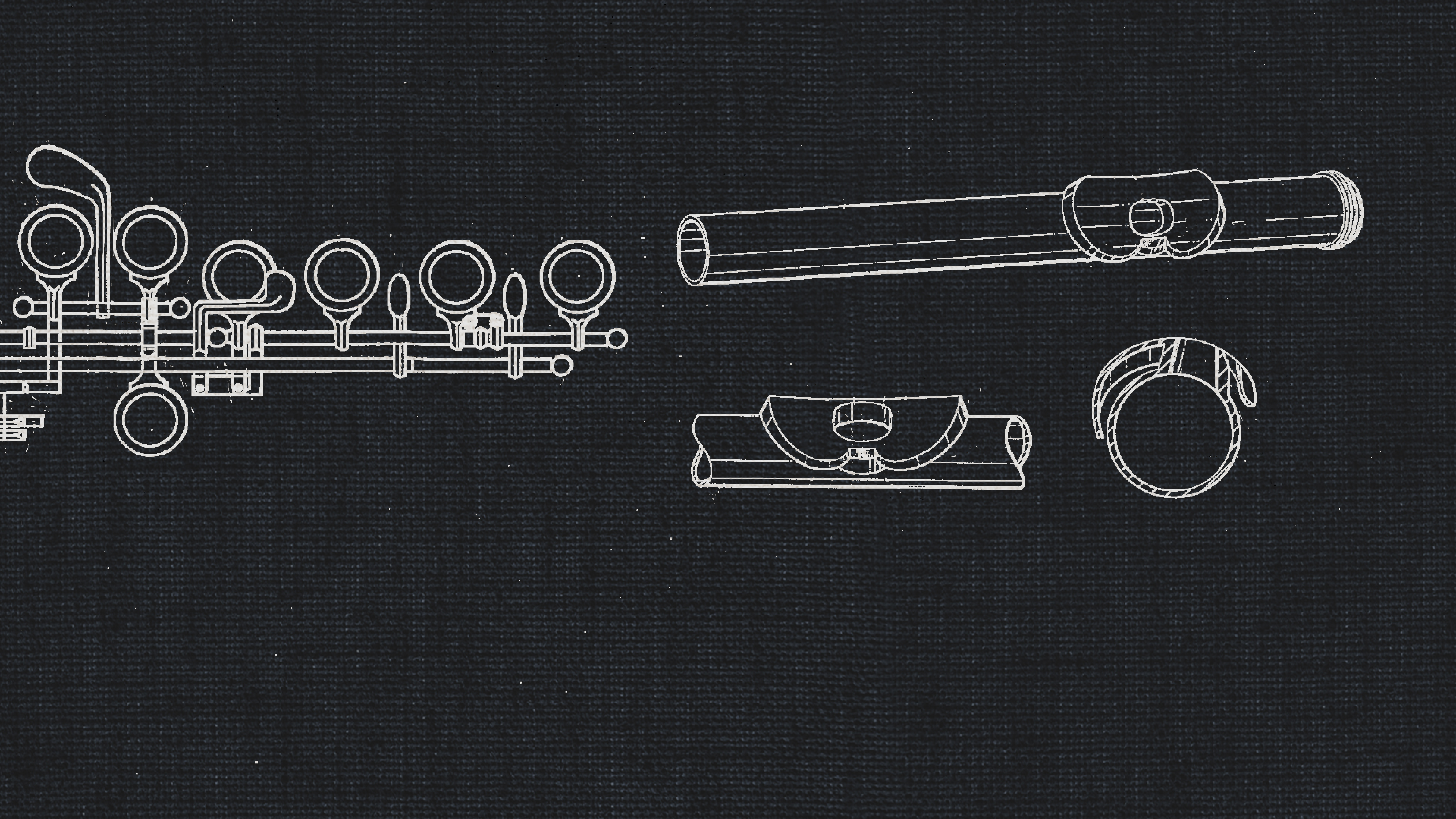 Detailed schematic drawing of flute parts for a dry recording studio flute ensemble.