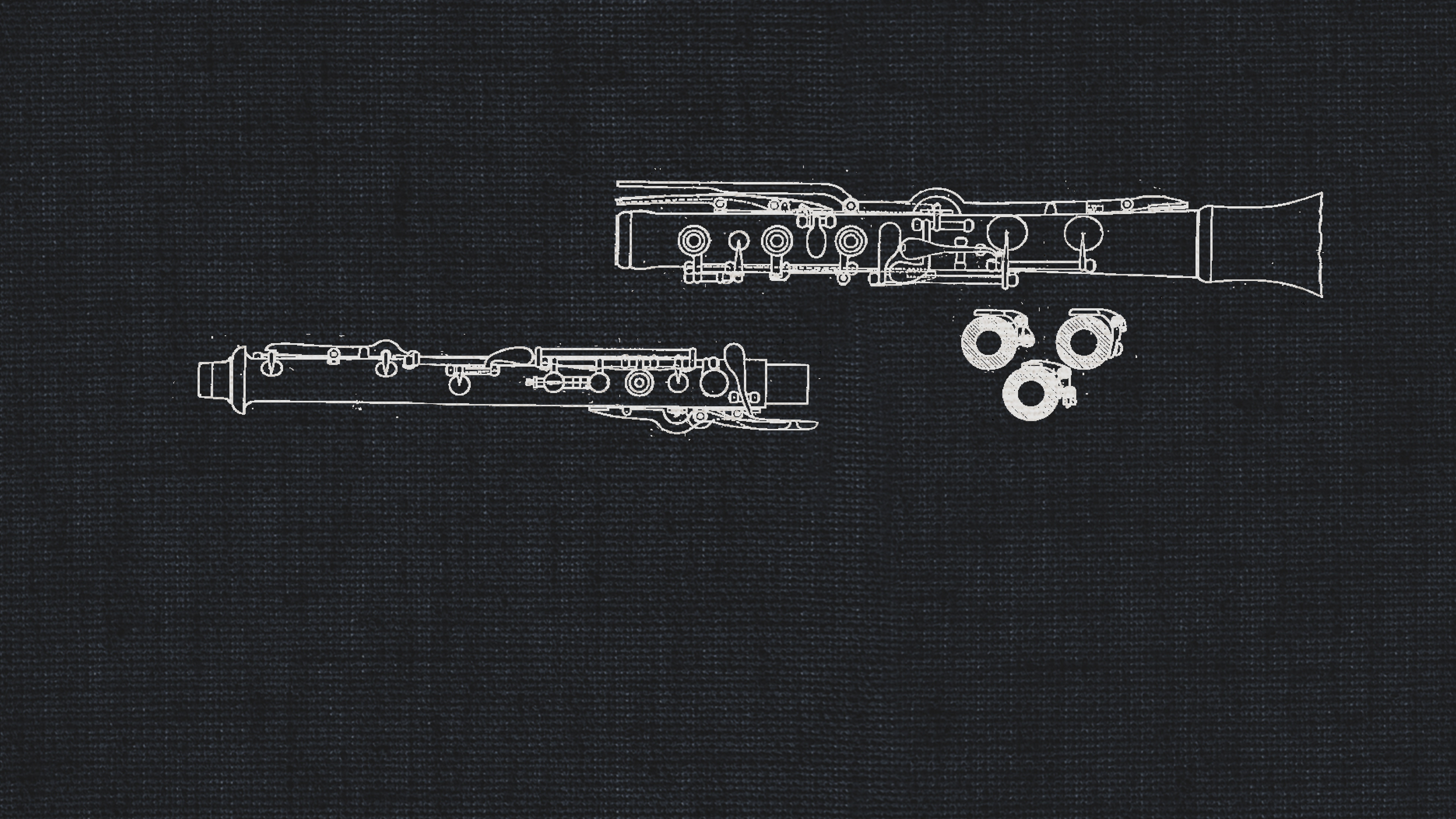Detailed white line drawing of an oboe musical instrument and its disassembled parts against a black background.