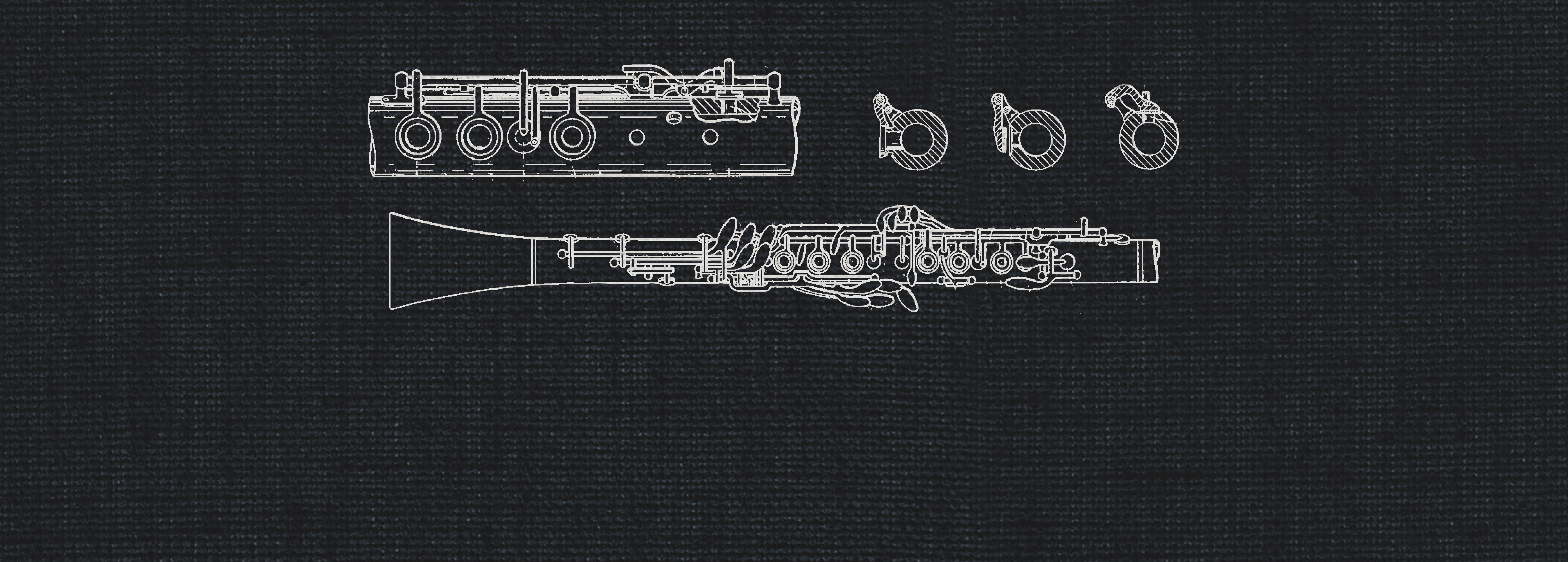 White line art illustrations of disassembled woodwind instruments including flute and clarinet sections on a black textured background, suitable for a dry recording studio woodwinds product.