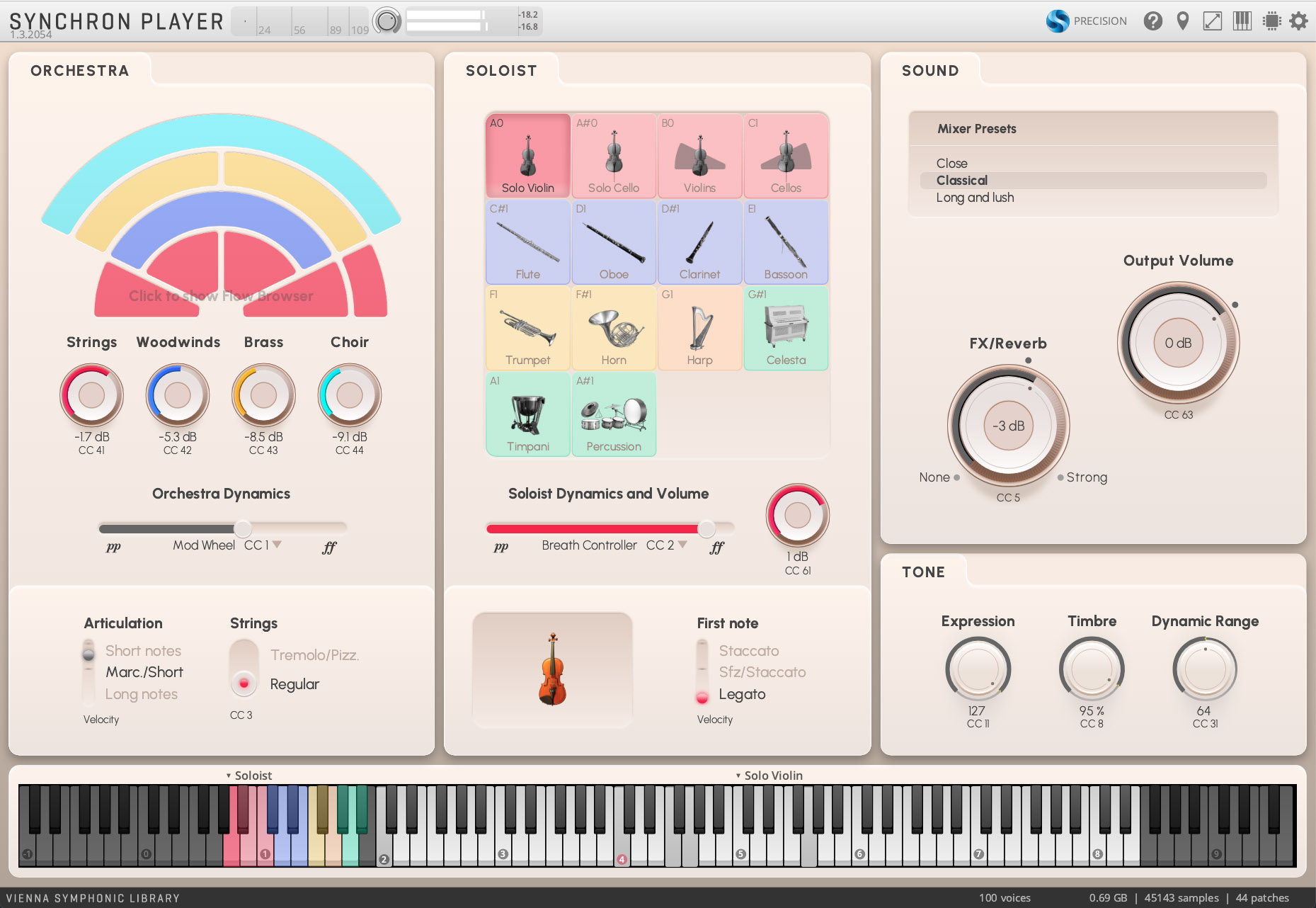 An accessible, SEO-optimized alt text for the image is:

Vienna Symphonic Library Synchron Player software interface, displaying controls for orchestra, soloist, sound, tone, and a piano keyboard. The orchestra section shows volume controls for strings, woodwinds, brass, and choir. The soloist section features instrument selection for violin, cello, flute, oboe, clarinet, bassoon, trumpet, horn, harp, celesta, timpani, and percussion. The sound section contains mixer presets, FX/reverb, and output volume. The tone section has controls for expression, timbre, and dynamic range.