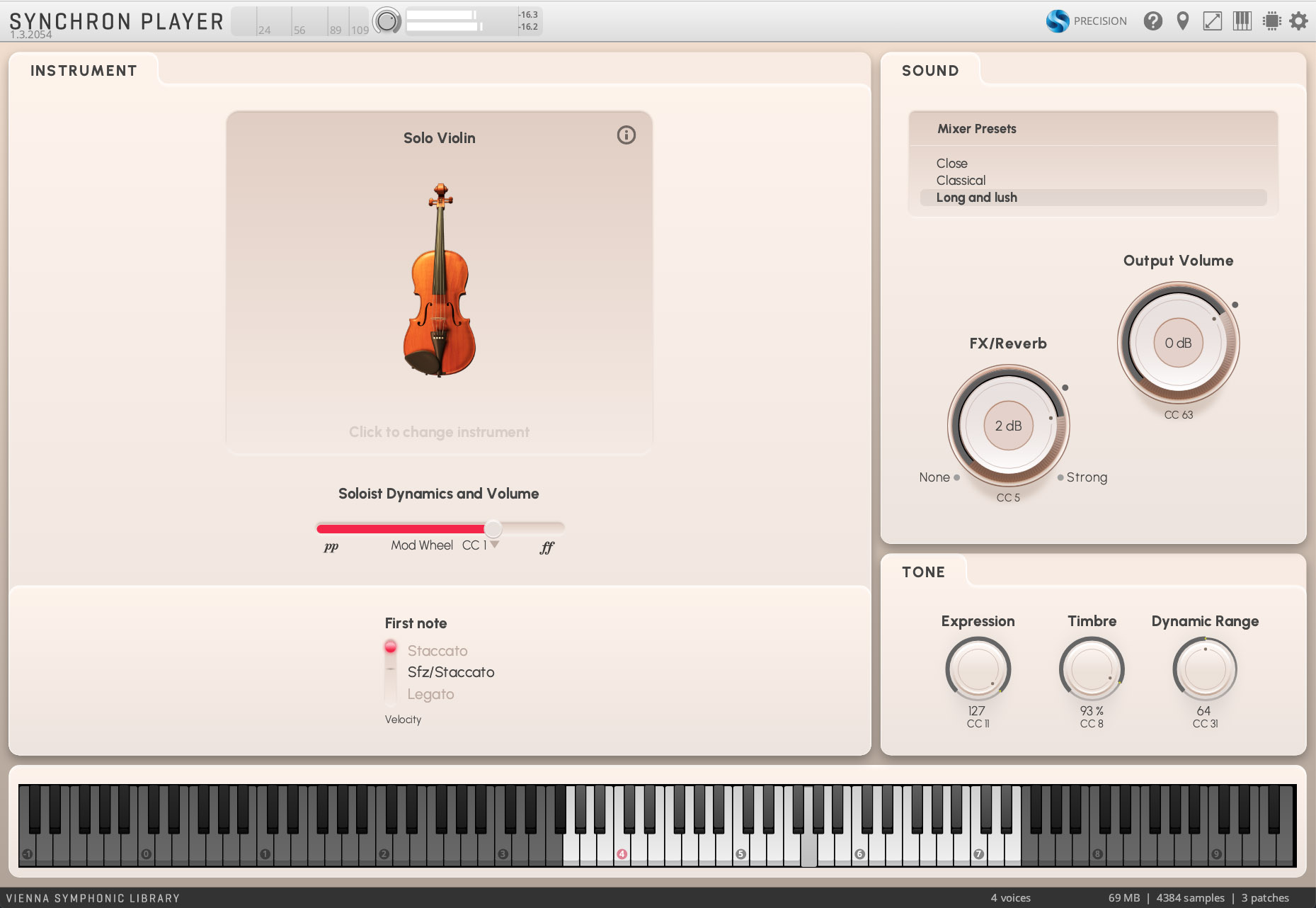 Virtual instrument software interface, SYNCHRON PLAYER by Vienna Symphonic Library, featuring a solo violin, mixer presets, output volume, FX/reverb, tone controls, and a digital keyboard.