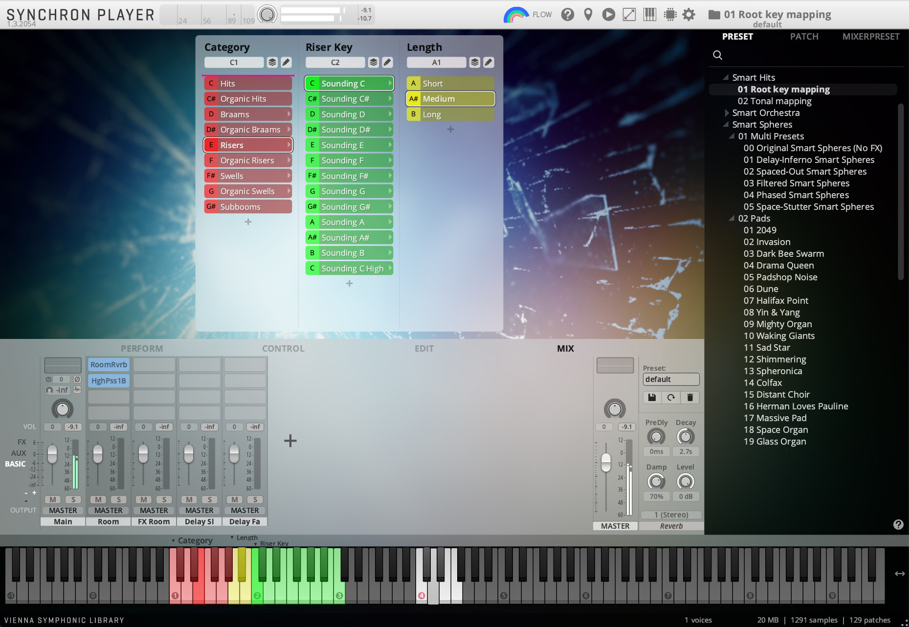 Synchron Player software interface displaying sound categories, riser keys, length settings, performance controls, and a list of audio presets with Root key mapping highlighted.
