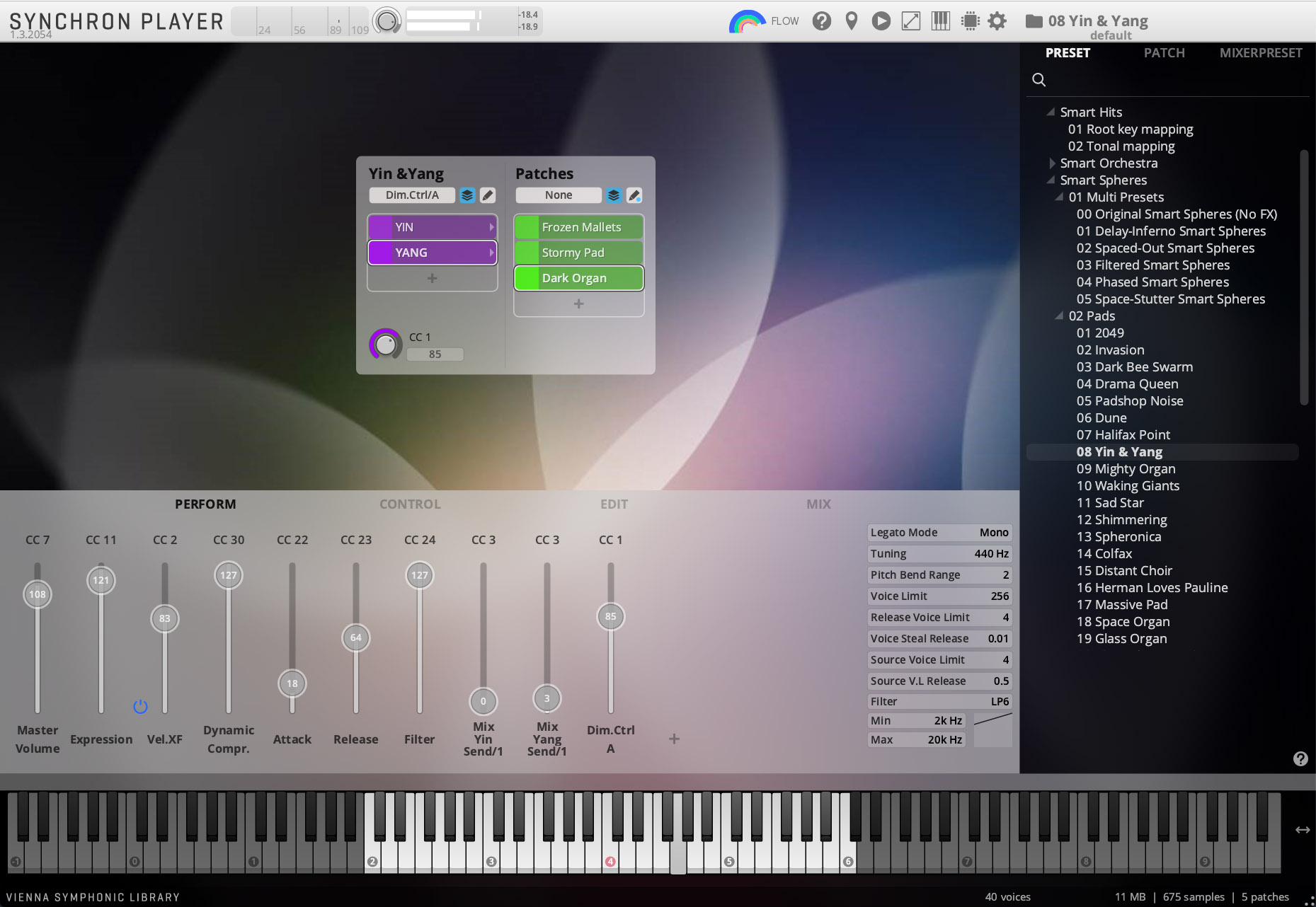 SYNCHRON PLAYER software interface displaying the 08 Yin & Yang preset with control parameters for volume, expression, velocity, dynamic compression, attack, release, and filter.
