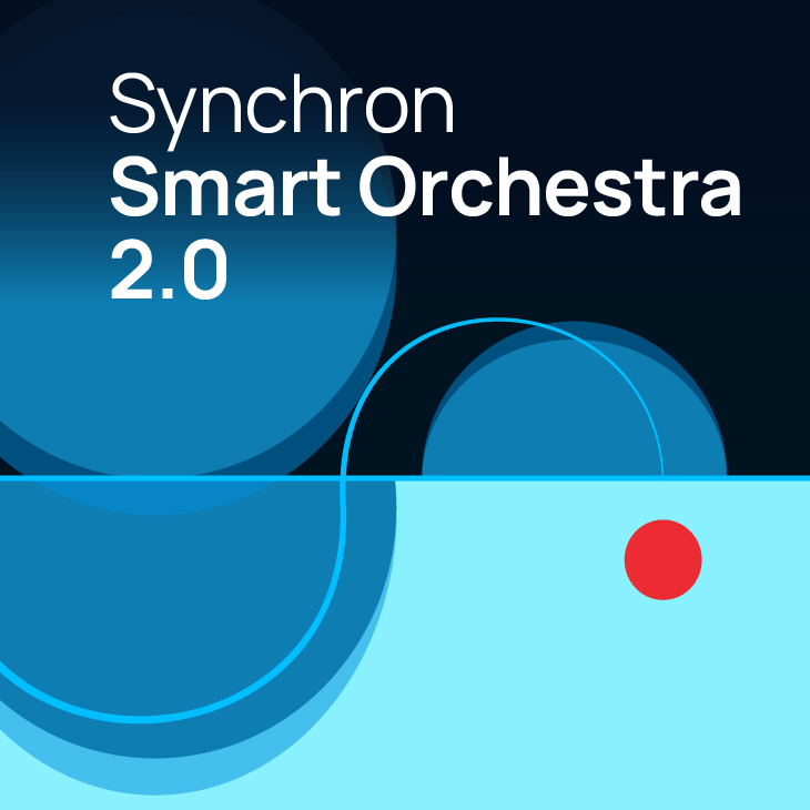Synchron Smart Orchestra 2.0 software cover with blue circles on a dark and light blue background, and a red dot.