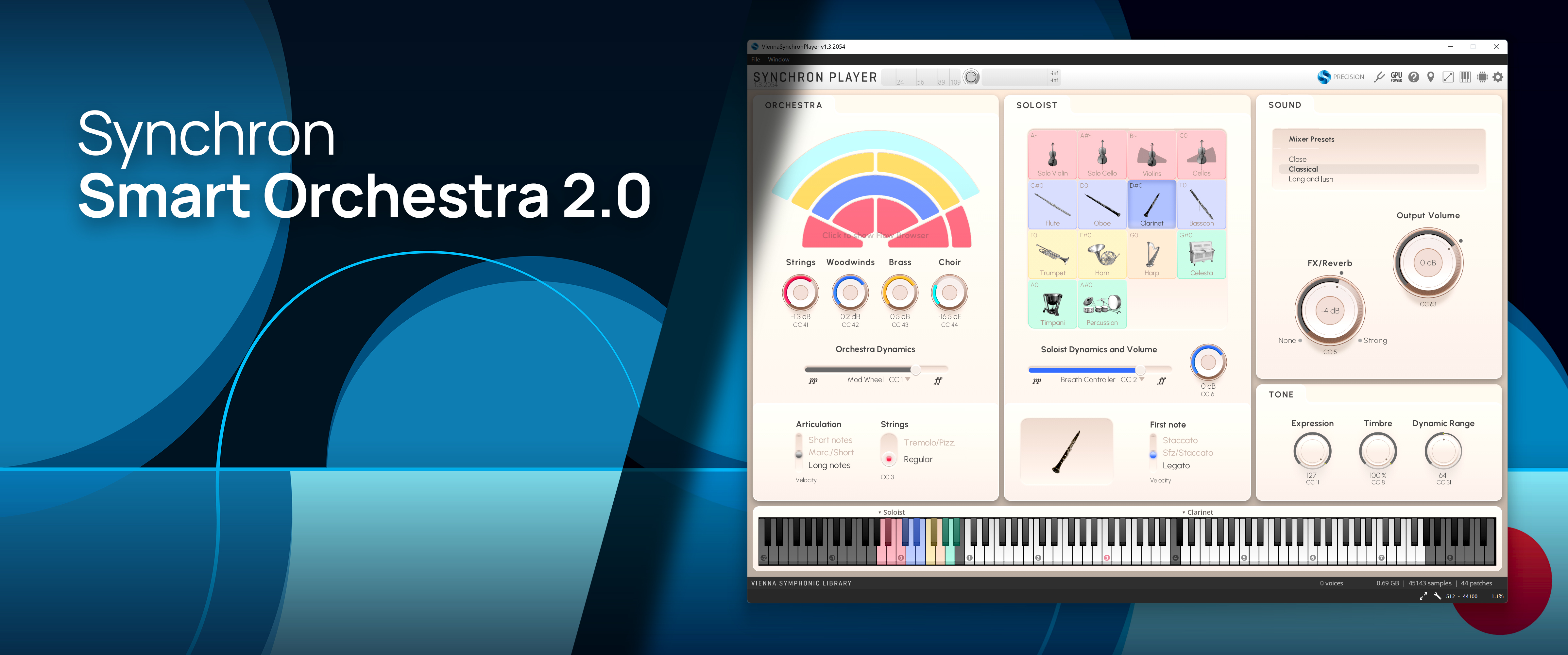 Synchron Smart Orchestra 2.0 software interface showing orchestra and soloist instrument selection, sound controls, articulation, and Vienna Symphonic Library piano keyboard.