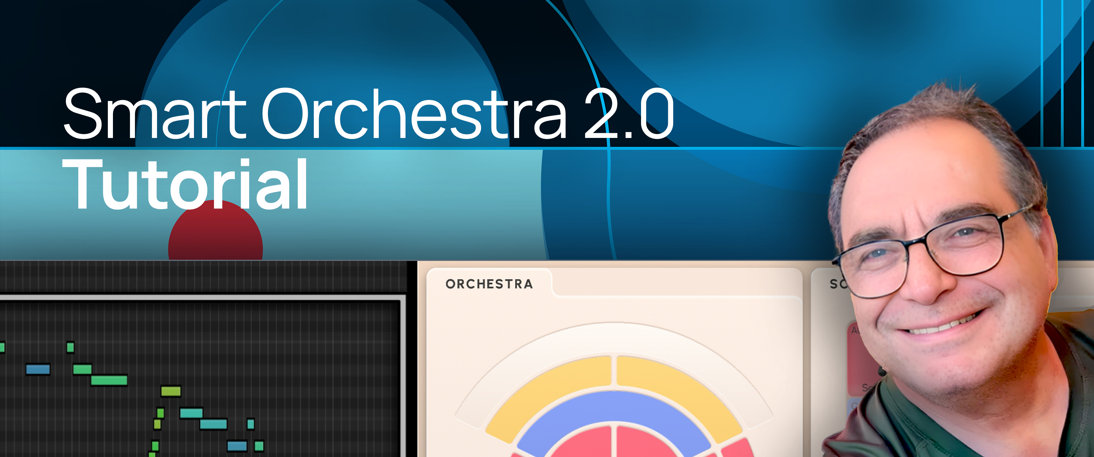Tutorial overlaying musician smiling, Smart Orchestra 2.0 software interface, and music sequencing timeline.