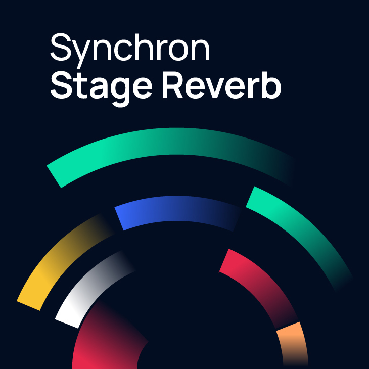 Synchron Stage Reverb logo with colorful abstract arcs on a dark background.