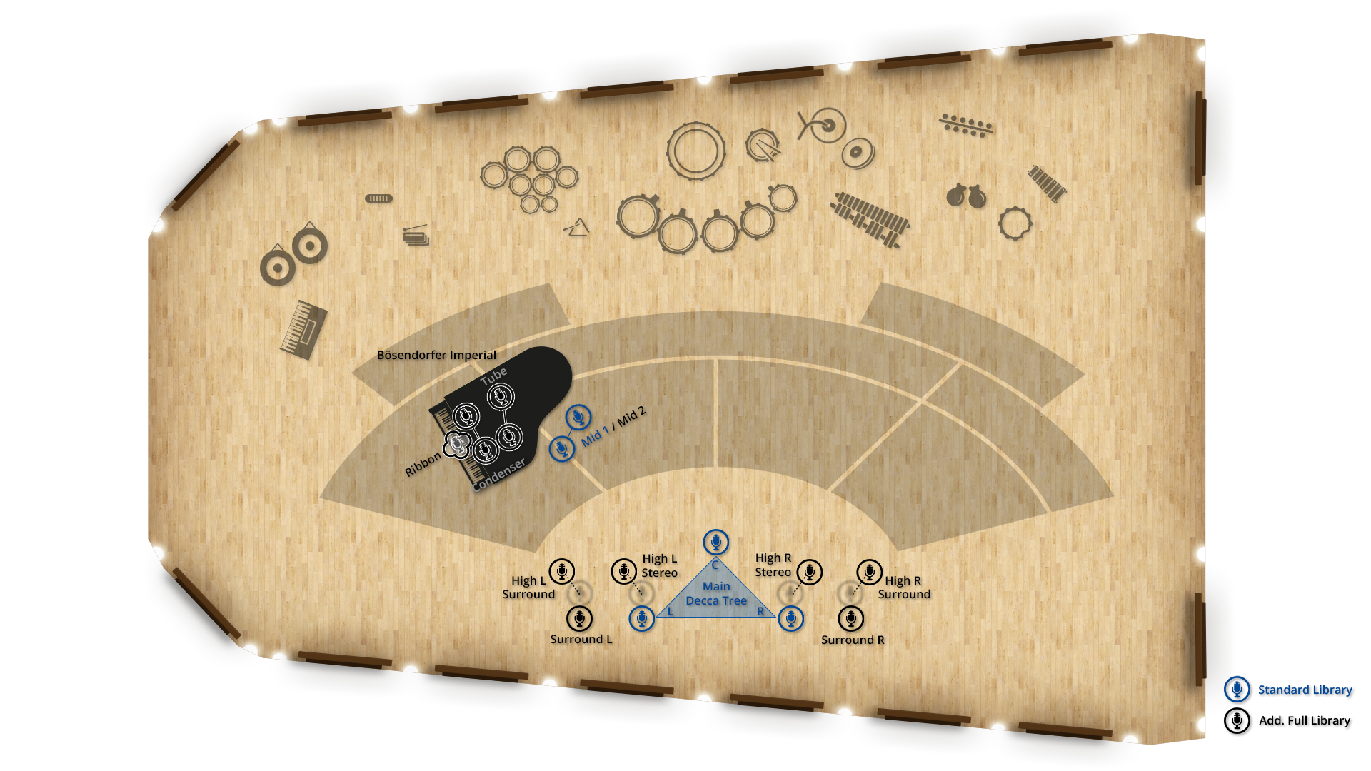 Overhead view diagram of a recording studio layout showing microphone placements for a Bösendorfer Imperial piano, drum kits, and various percussion instruments, including a Main Decca Tree configuration and surround sound setups.