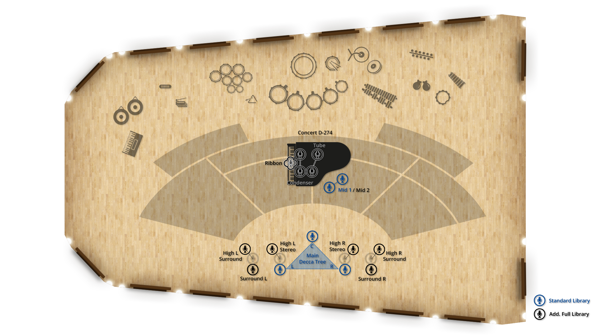 Overhead view of a recording studio layout for a Concert D-274 piano, showing microphone placements including Tube, Ribbon, Condenser, Mid 1/Mid 2, Main Decca Tree, and High L/R Stereo/Surround configurations, along with other musical instrument shapes.