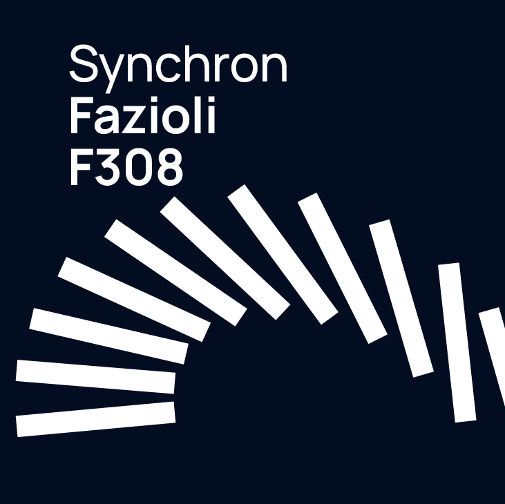 Synchron Fazioli F308 text on a dark blue background with white abstract parallel lines forming an arc from left to right.