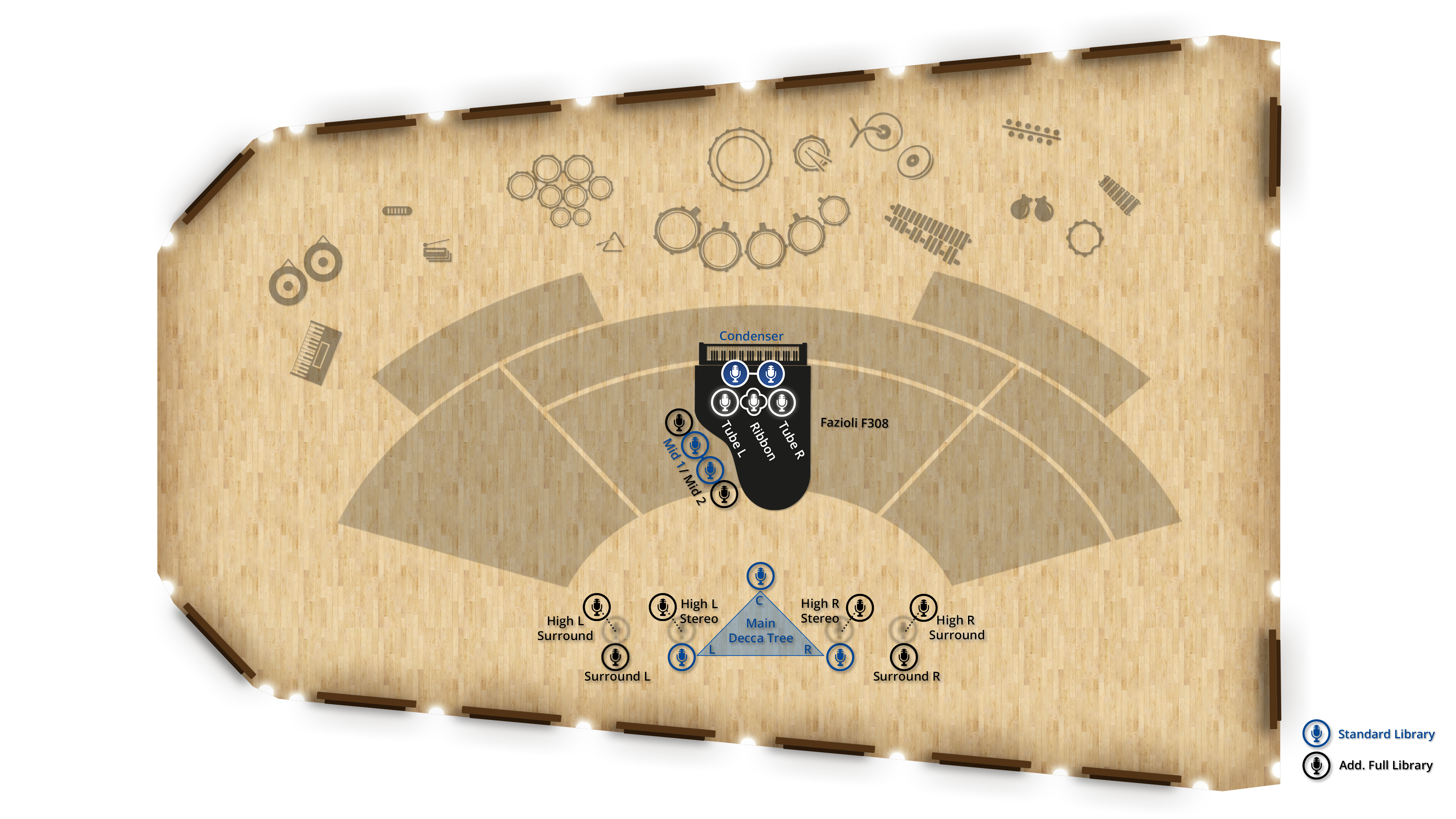 Overhead view of a recording studio floor plan with microphone placements for a Fazioli F308 piano and various percussion instruments.