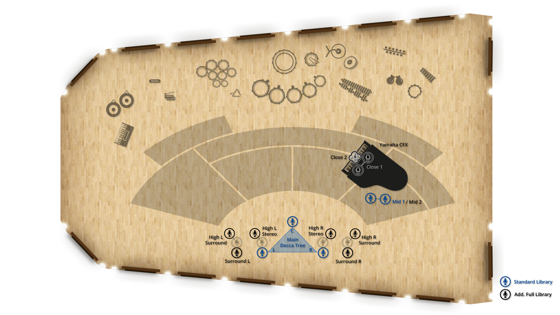 Overhead diagram of a recording studio floor plan with microphone placements and instrument layouts. A grand piano, labeled Yamaha CFX, has Close 1, Close 2, and Mid 1/Mid 2 microphones. A Decca Tree configuration with High L Stereo, High R Stereo, Surround L, Surround R, High L Surround, and High R Surround microphones is positioned centrally. Various percussion instruments, including drums, cymbals, timpani, and mallets, are arranged around the studio. A legend indicates icons for Standard Library and Add-on Library.