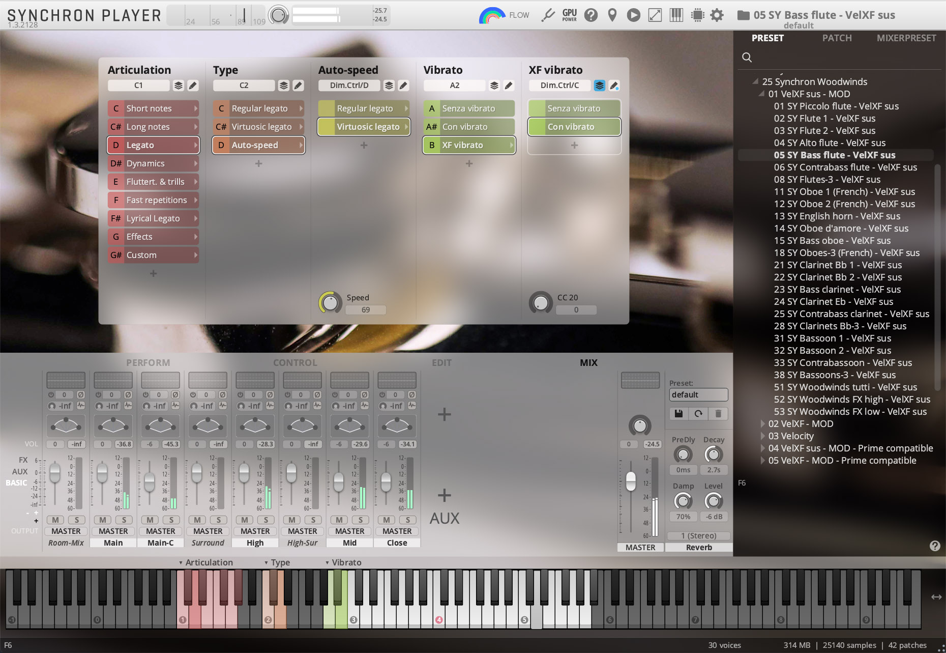 A screenshot from the music production software Synchron Player, showing the interface for instrument articulation, type, auto-speed, vibrato, and XF vibrato on the left and center, with a list of available presets like 05 SY Bass flute - VelXF sus on the right, and a virtual piano keyboard at the bottom.